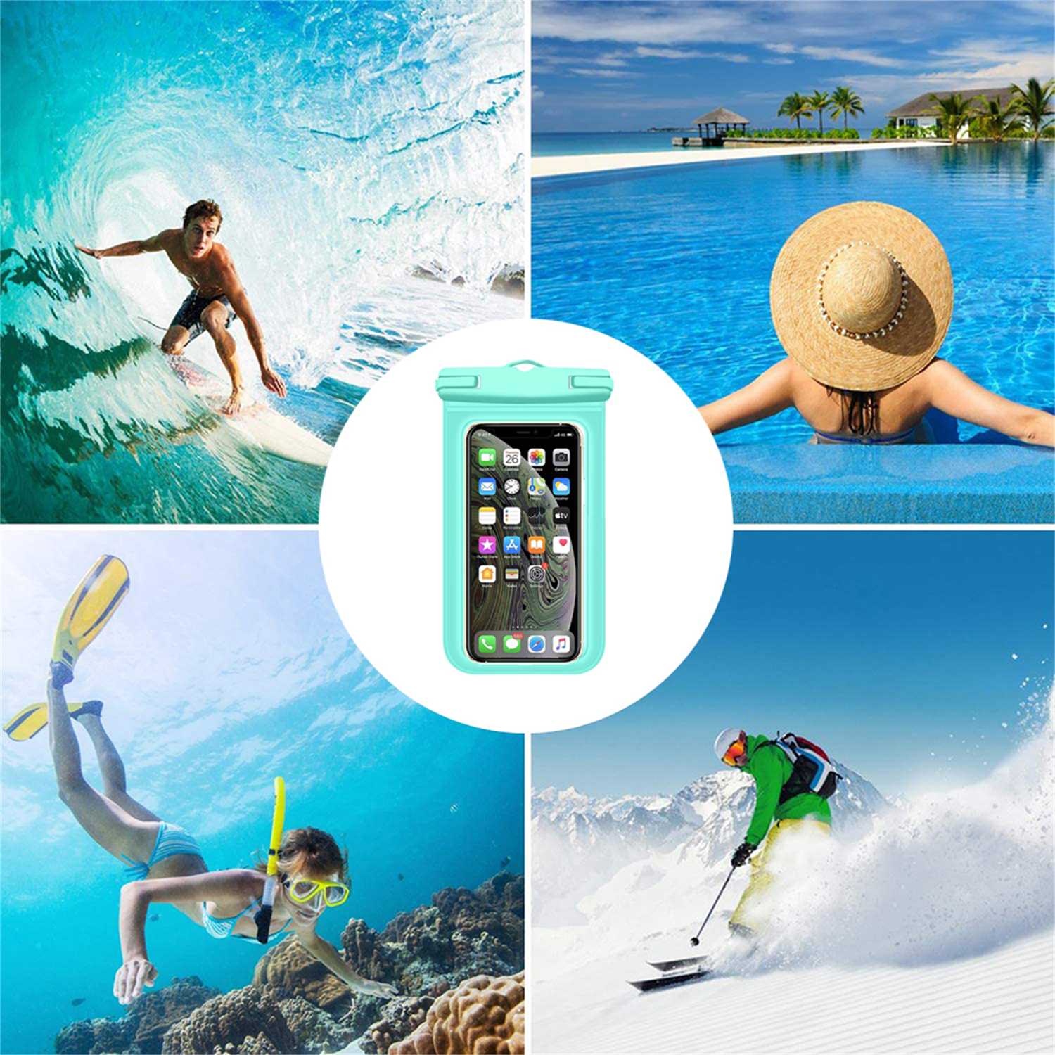 Das Bild zeigt verschiedene Aktivitäten: Surfen, Schwimmen, Schnorcheln und Skifahren. Ein Telefon in einer wasserdichten Hülle ist in der Mitte.