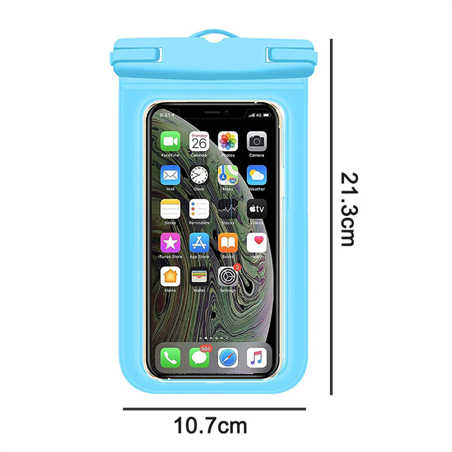 Ein Telefon in einer blauen wasserdichten Hülle. Die Vorder- und Rückseite des Telefons werden gezeigt.