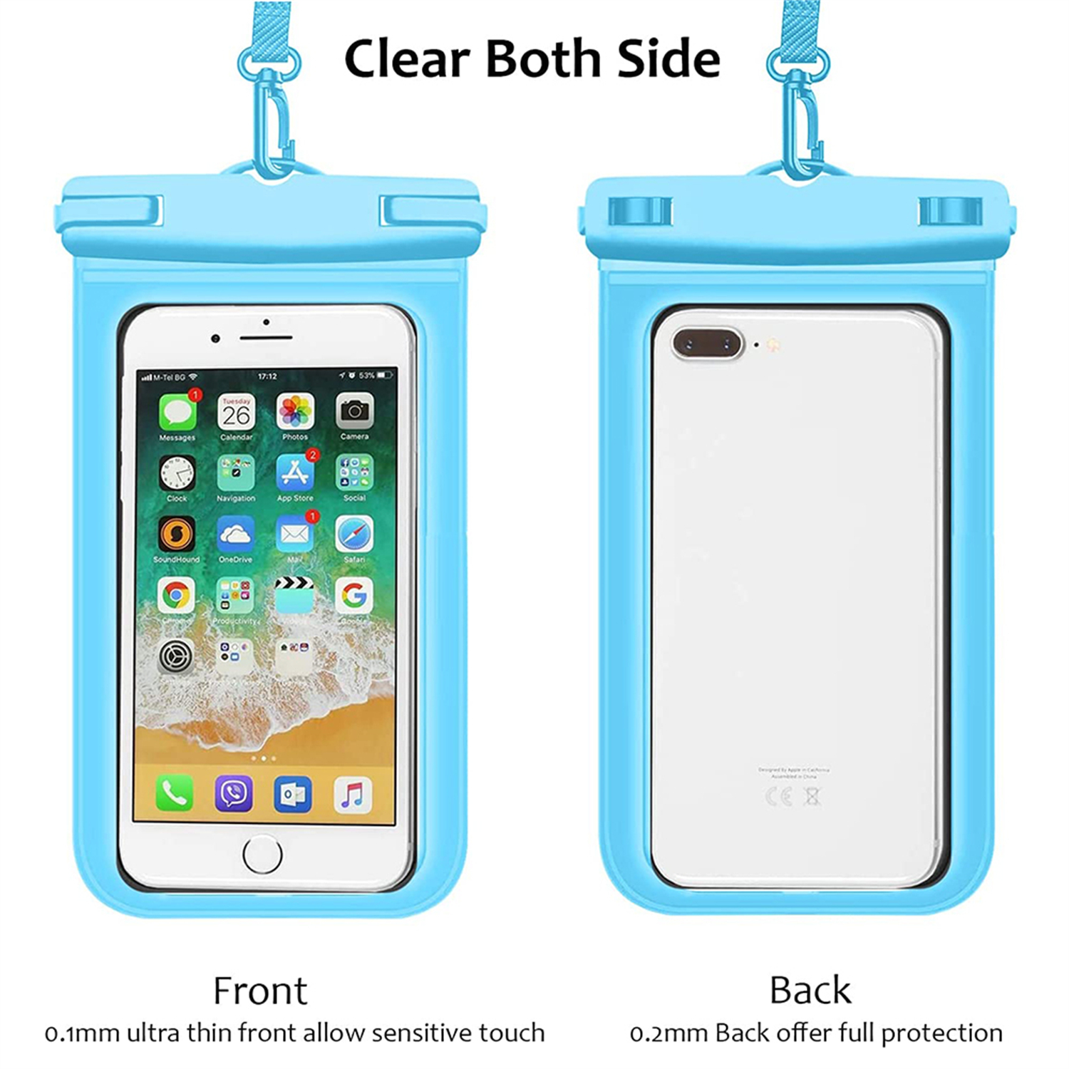 Ein Telefon in einer blauen wasserdichten Hülle. Das Telefon zeigt die Vorder- und Rückseite des Telefons.