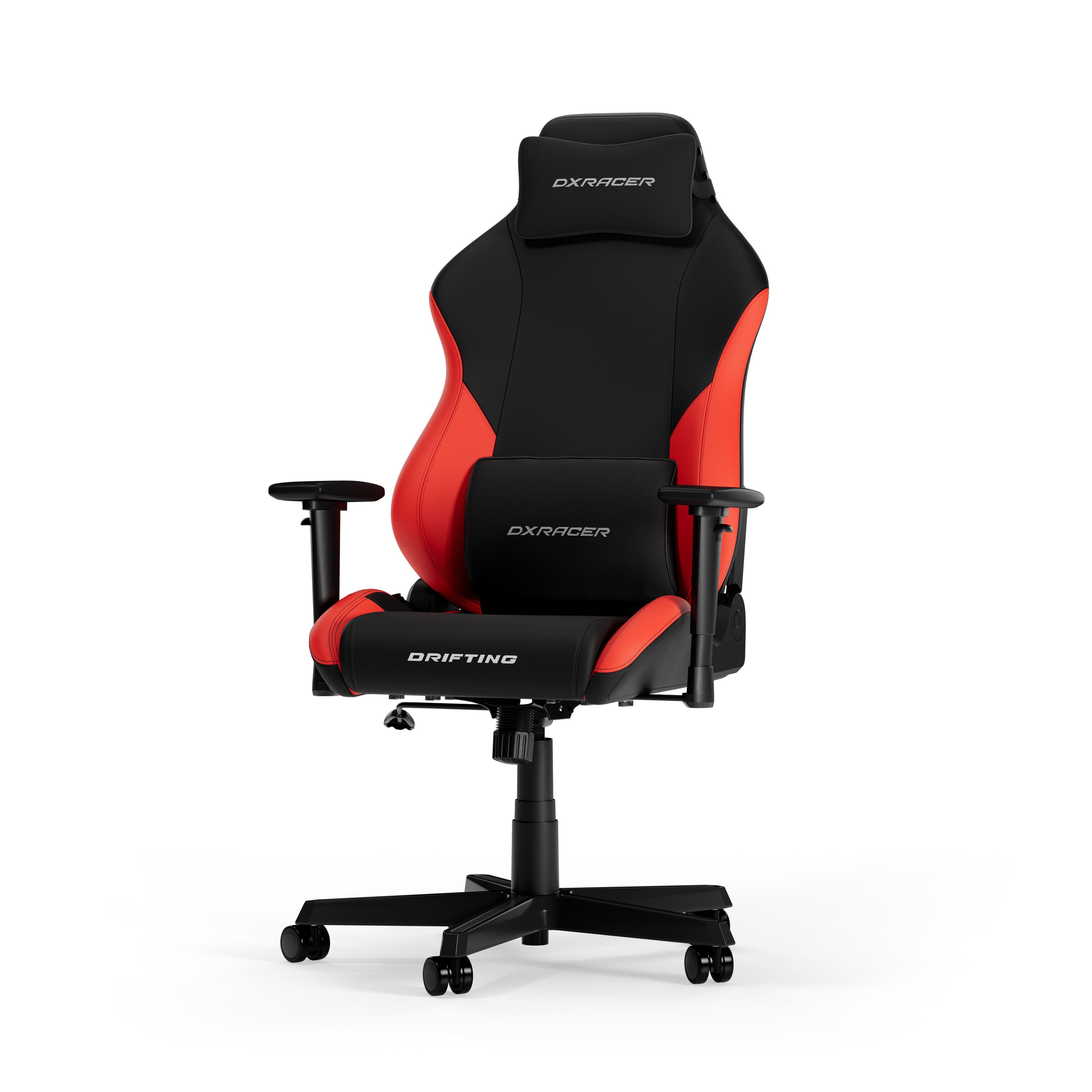 Roter und schwarzer Gaming-Stuhl. Er hat eine Kopfstütze, Armlehnen und das Wort "DRIFTING" auf dem Sitz.