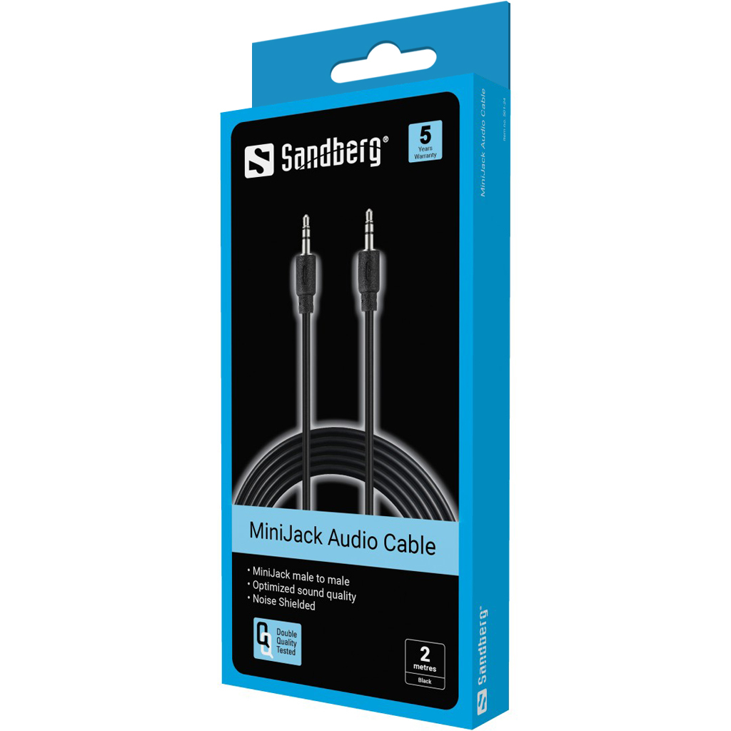 Cavo audio MiniJack in confezione blu. Sfondo bianco, info prodotto visibili.