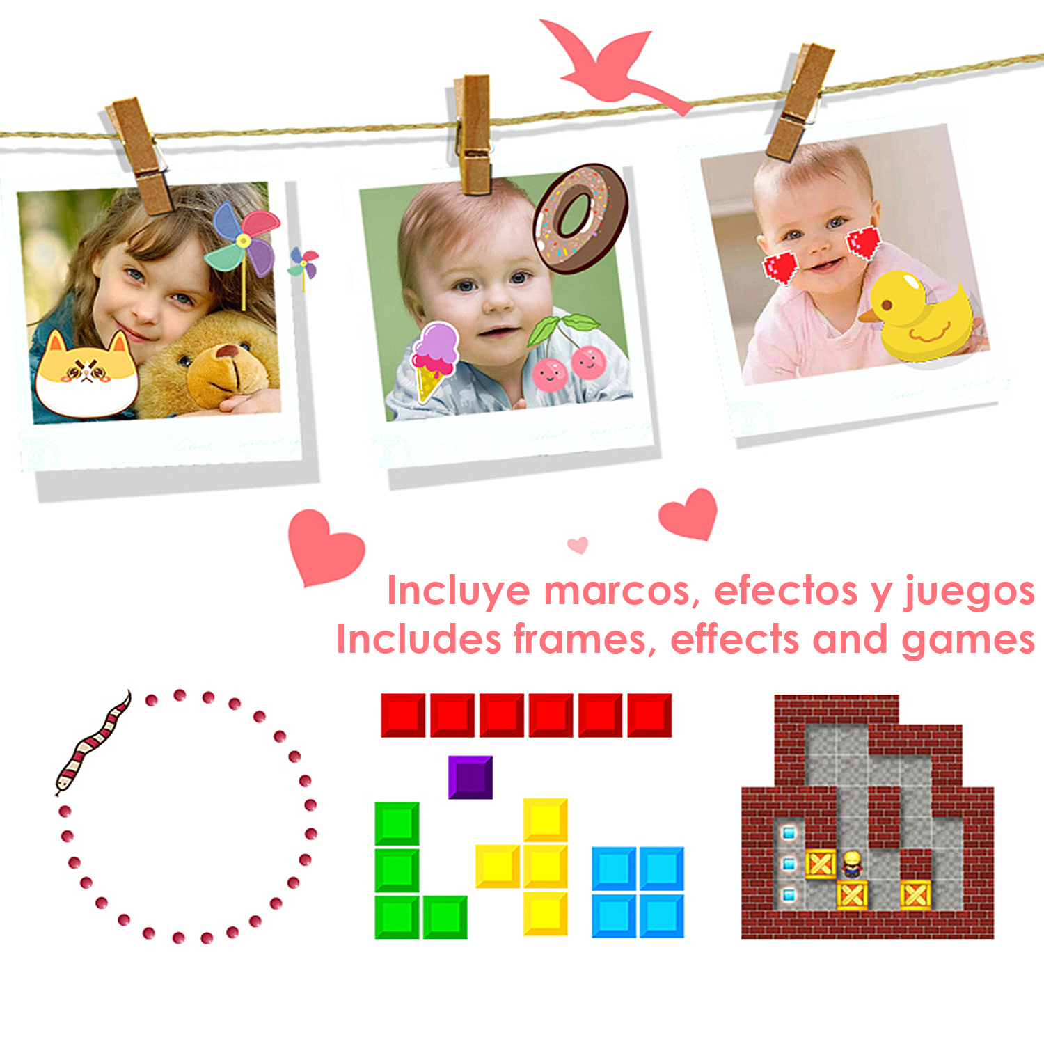 Fotos von Kindern mit Aufklebern, an einer Schnur hängend, mit Herzen und Spielillustrationen.