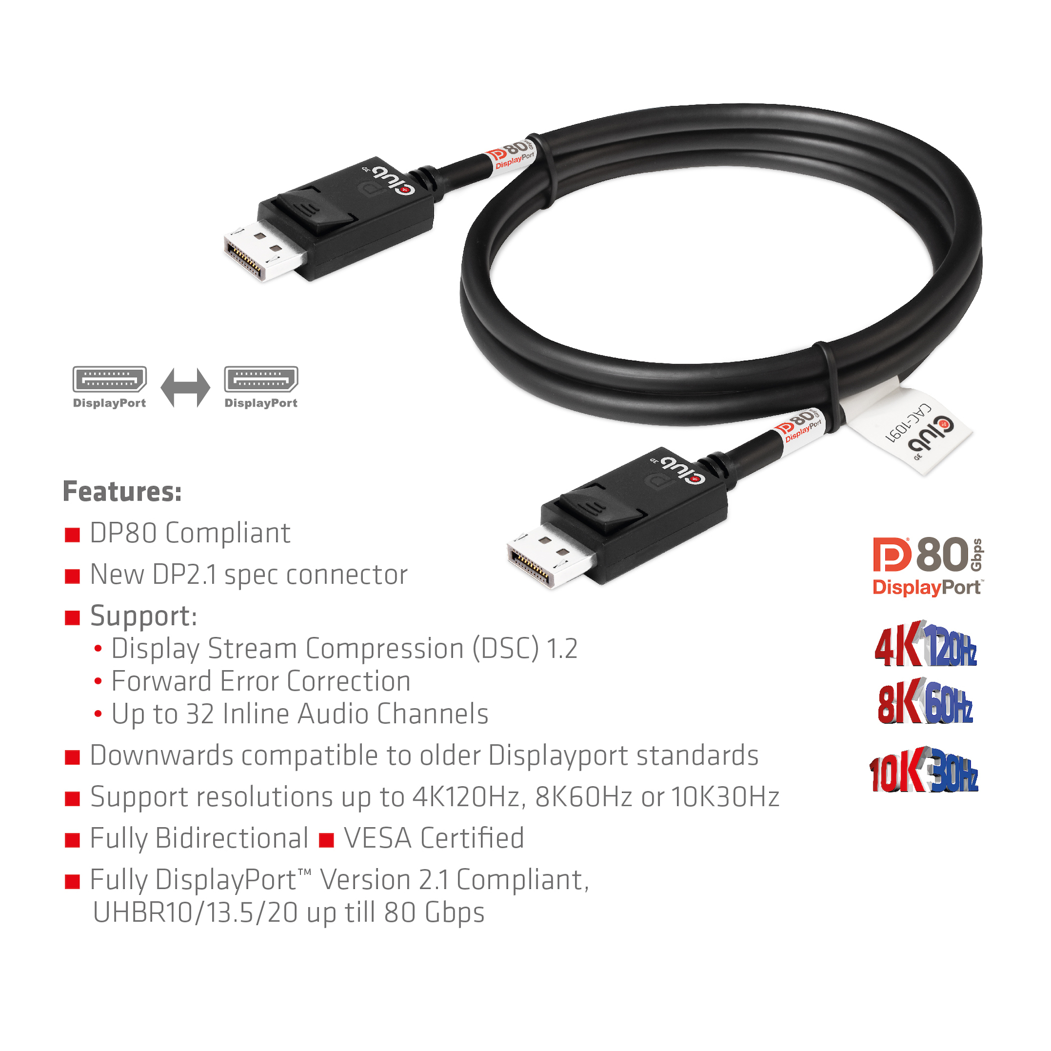 Câble DisplayPort noir avec caractéristiques : DP80, 4K 120Hz, 8K 60Hz, 10K 30Hz. Fond blanc.