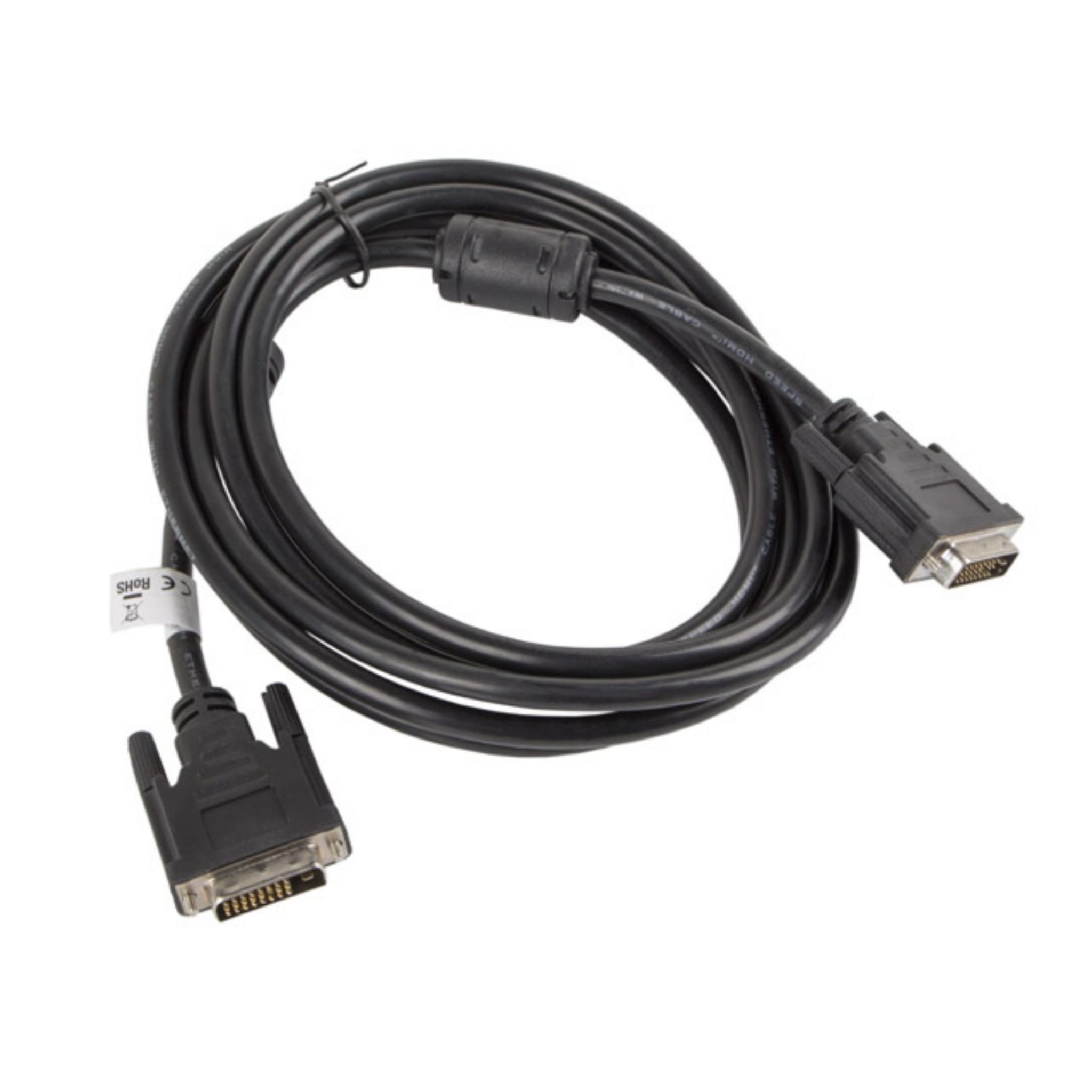 Cable negro con dos conectores, visto desde arriba sobre fondo blanco.
