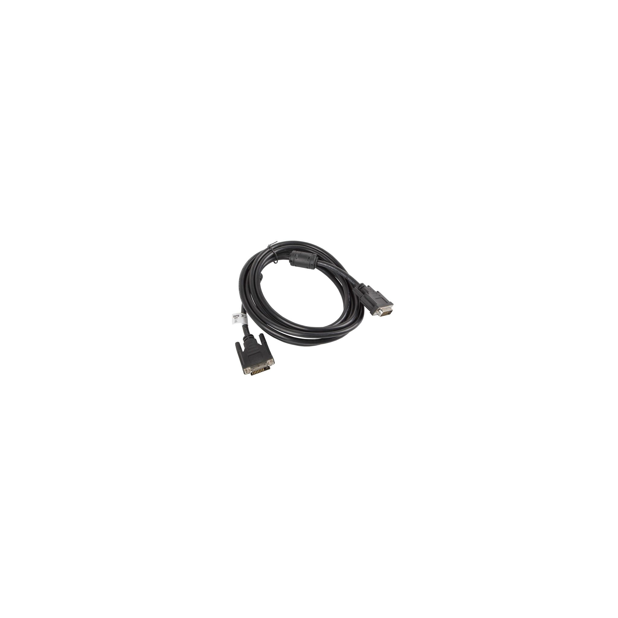 Cable DVI negro, conectores en ambos extremos. Enrollado sobre fondo blanco. Conectores machos.