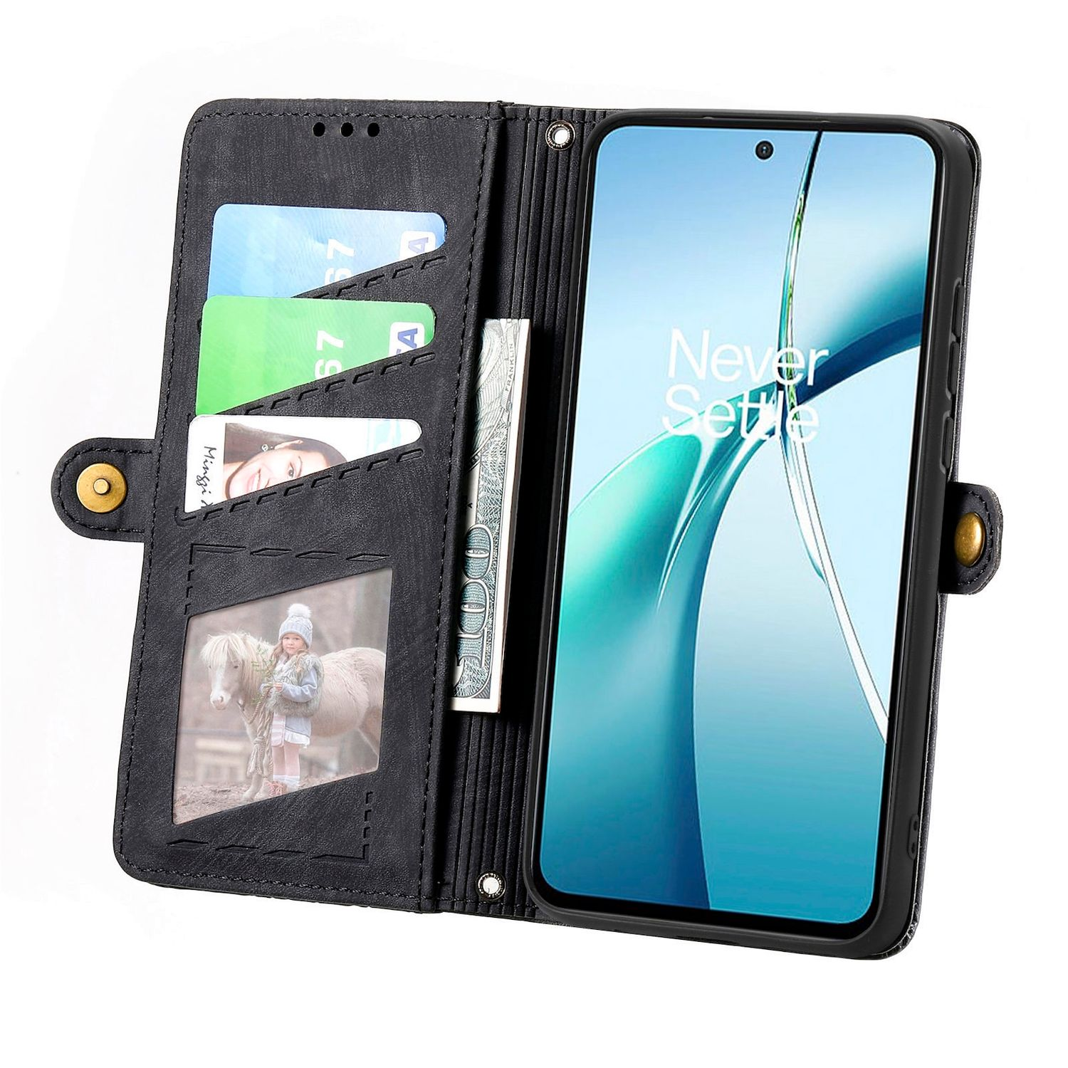 Funda de teléfono abierta con teléfono, tarjetas y dinero.