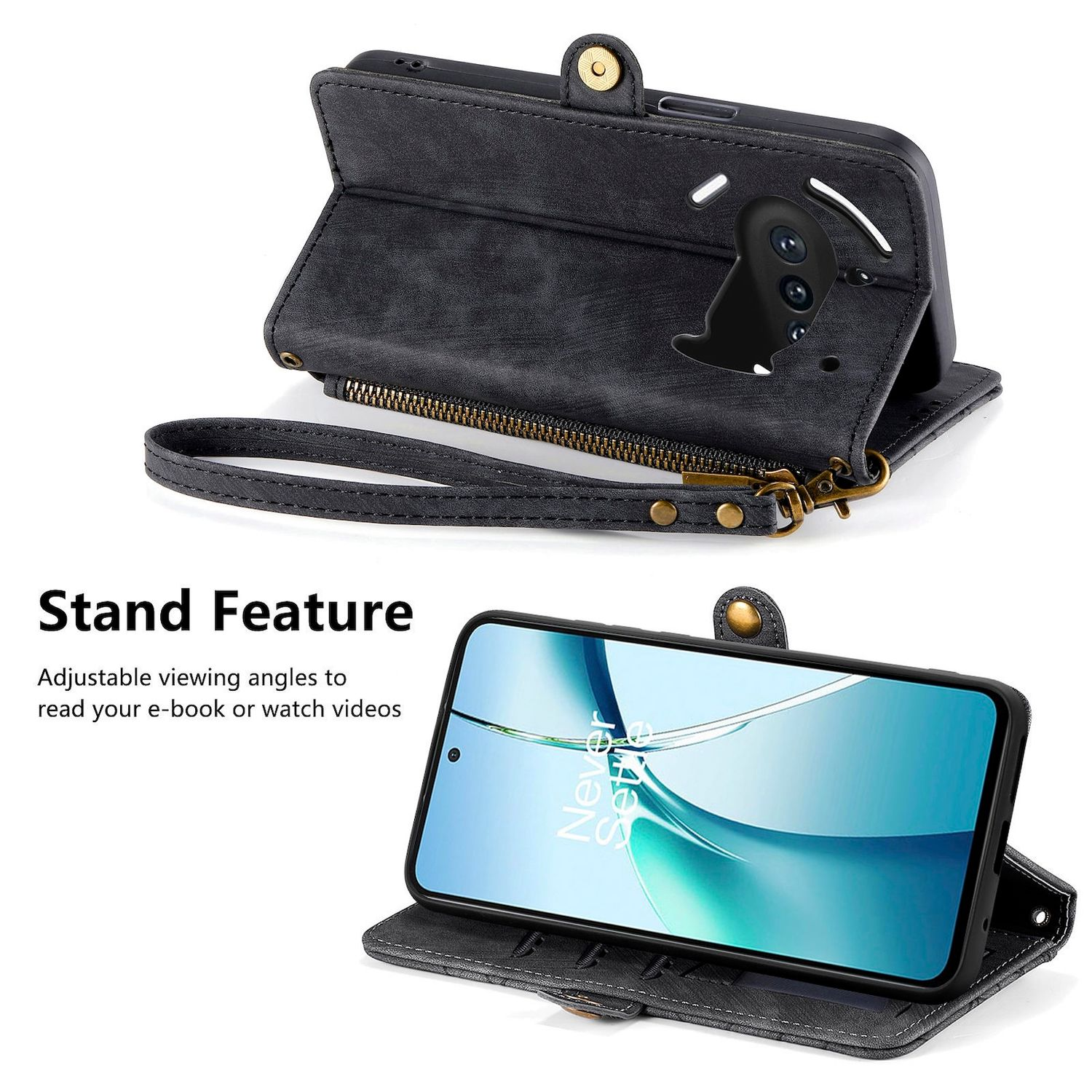 Funda de teléfono, abierta con teléfono dentro y función de soporte.