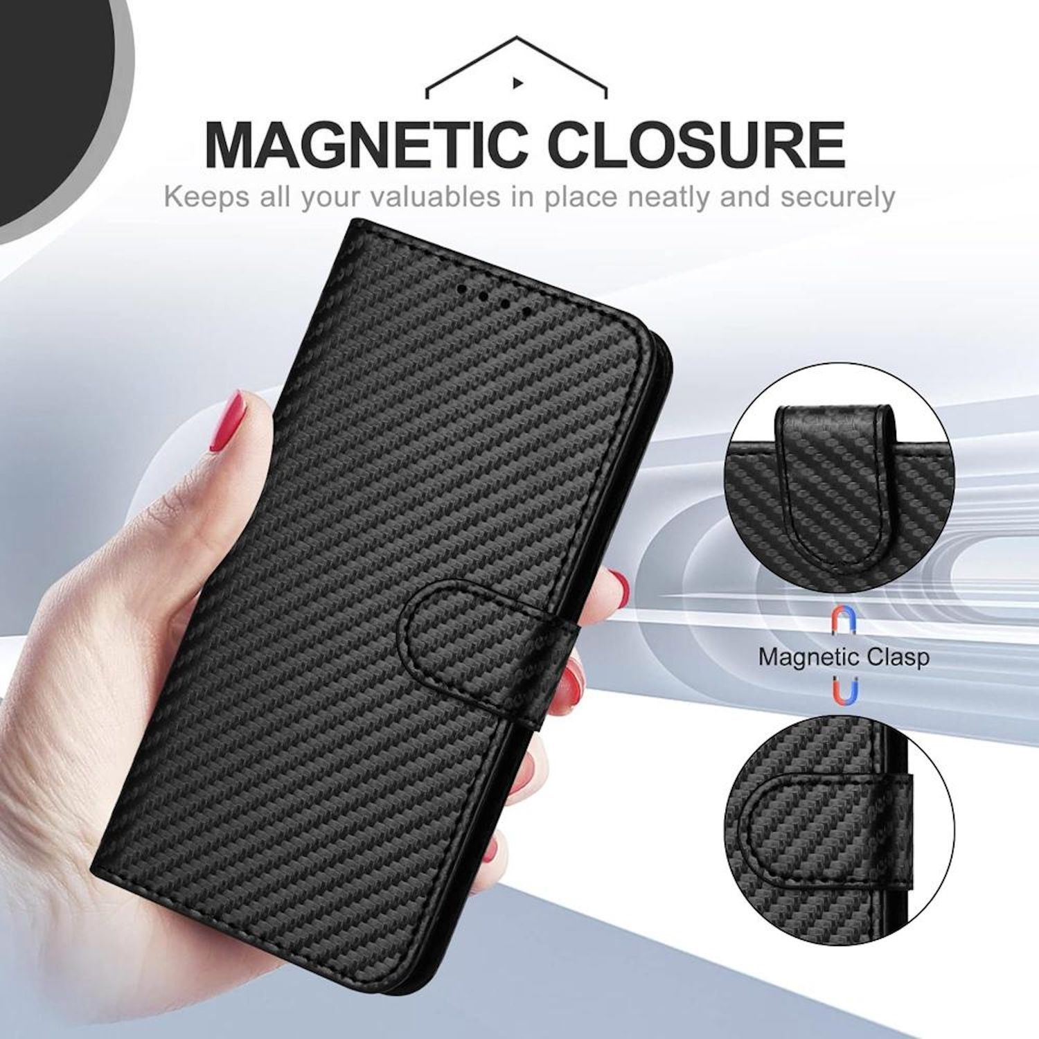 Schwarze Handyhülle mit Magnetverschluss. Hand hält die Hülle, Nahaufnahme des Verschlusses.