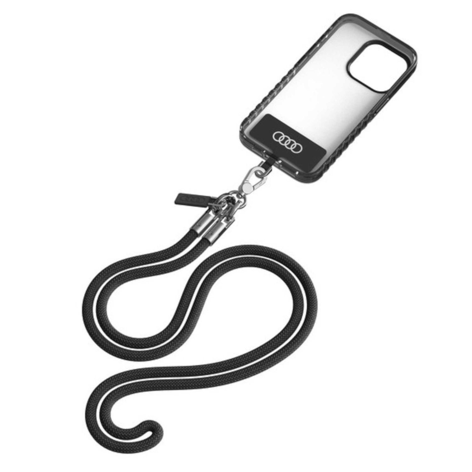 Transparente Handyhülle mit Audi-Logo und schwarzem Kabel. Das Kabel ist geschlungen.