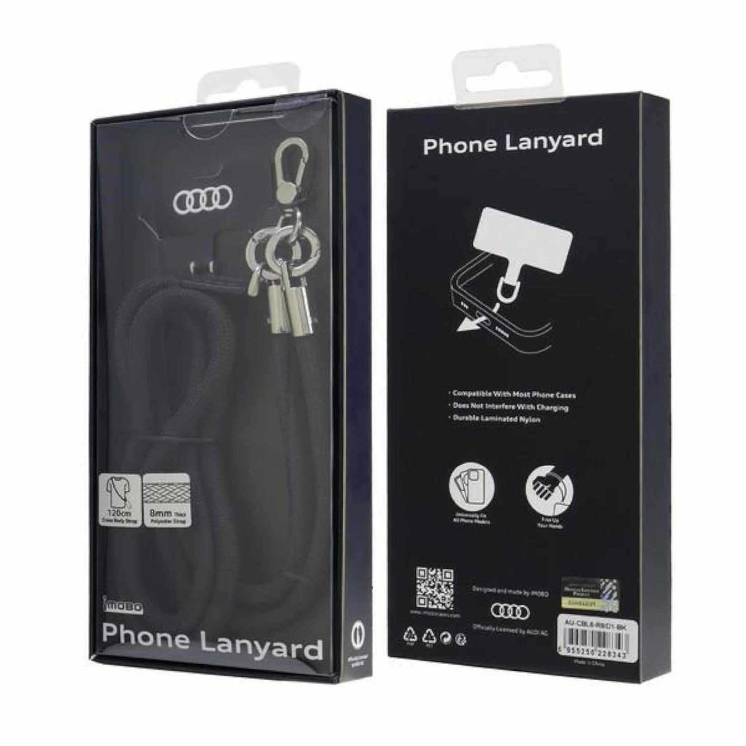 Telefon-Lanyard in einer schwarzen Box mit Audi-Logo. Die Box zeigt das Lanyard und Eigenschaften.