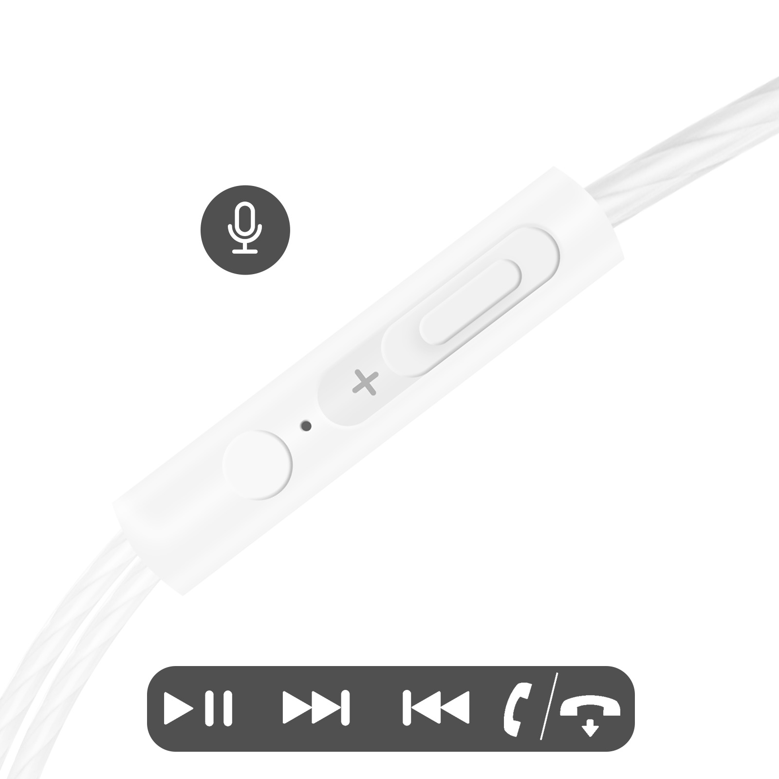 Nahaufnahme einer weißen Inline-Fernbedienung mit Tasten und einem Mikrofonsymbol.