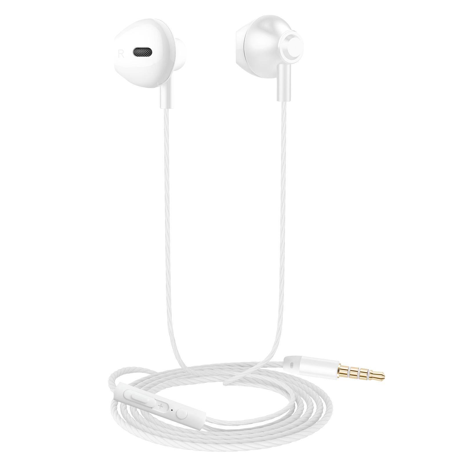Weiße Ohrhörer mit weißem Kabel und einer Steuertaste. Das Kabel ist an einem 3,5-mm-Klinkenstecker angeschlossen.