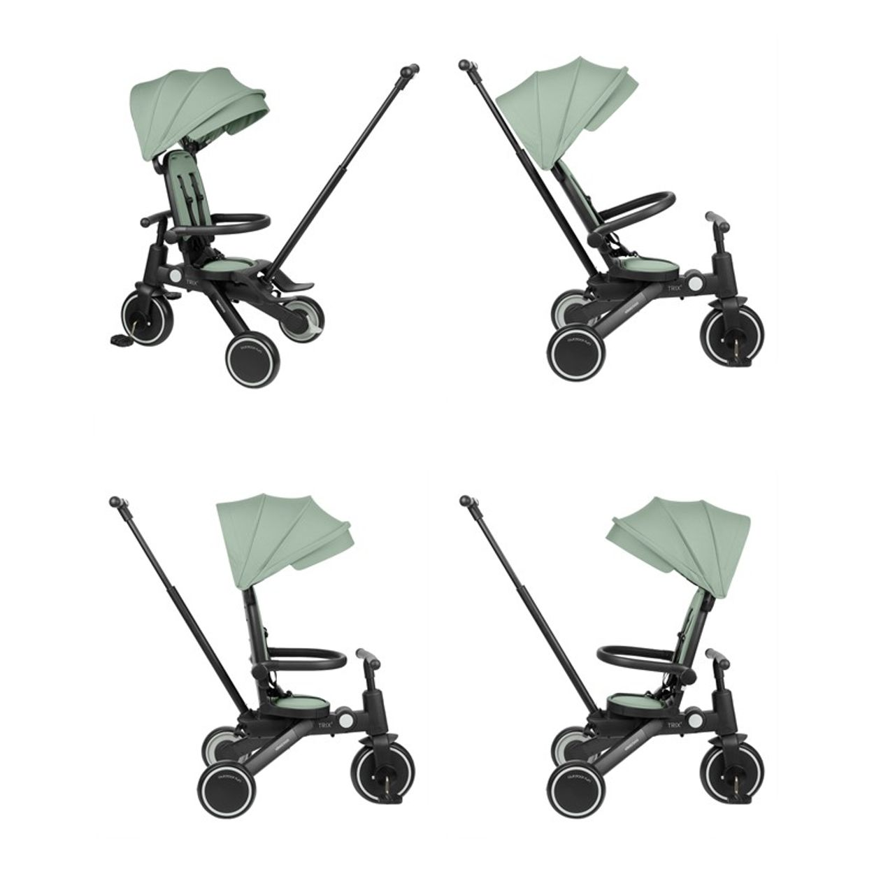 Vier grüne Kinderwagen auf weißem Hintergrund. Jeder hat ein Verdeck, einen Sitz und einen Griff.