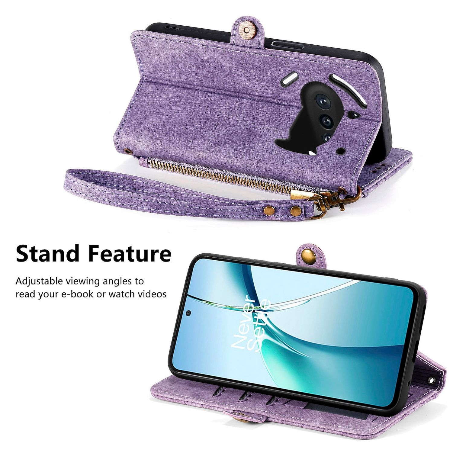 Funda tipo cartera para teléfono morada, con teléfono abierto y texto 'Stand Feature' al lado.