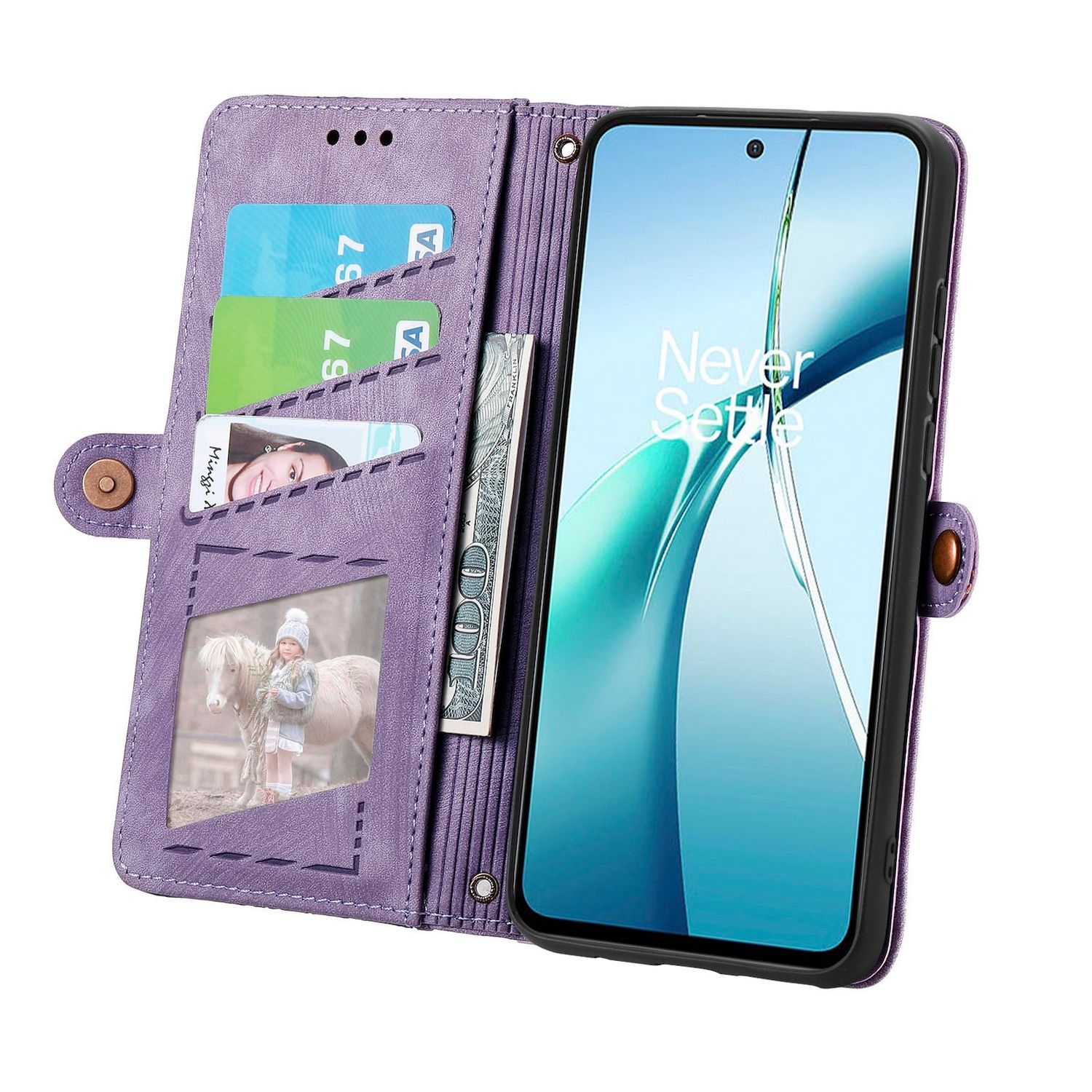 Funda tipo cartera morada para teléfono, abierta para mostrar el teléfono y las tarjetas. Muestra tarjetas y dinero dentro.