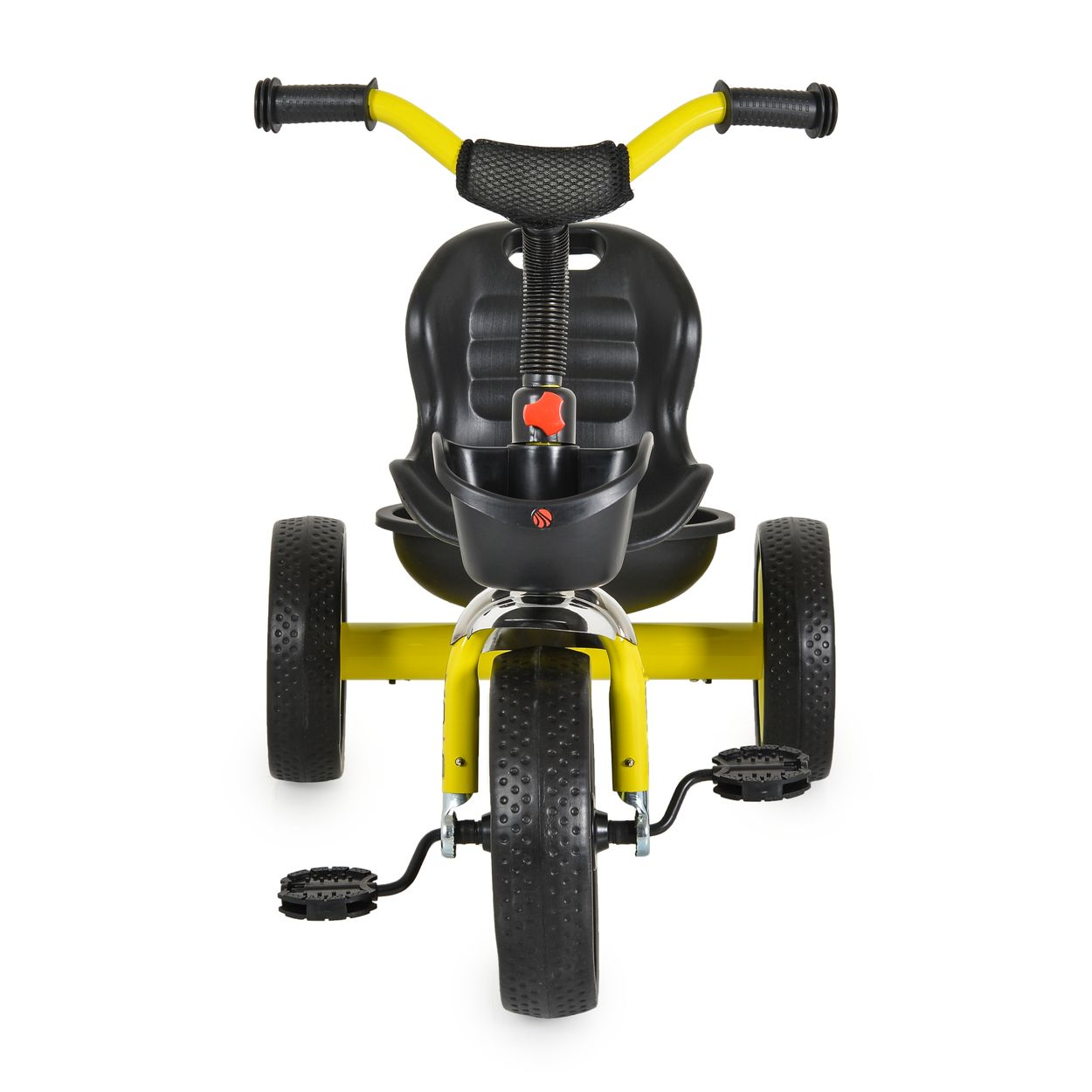 Vorderansicht eines gelb-schwarzen Dreirads mit schwarzem Sitz, Korb und Pedalen.