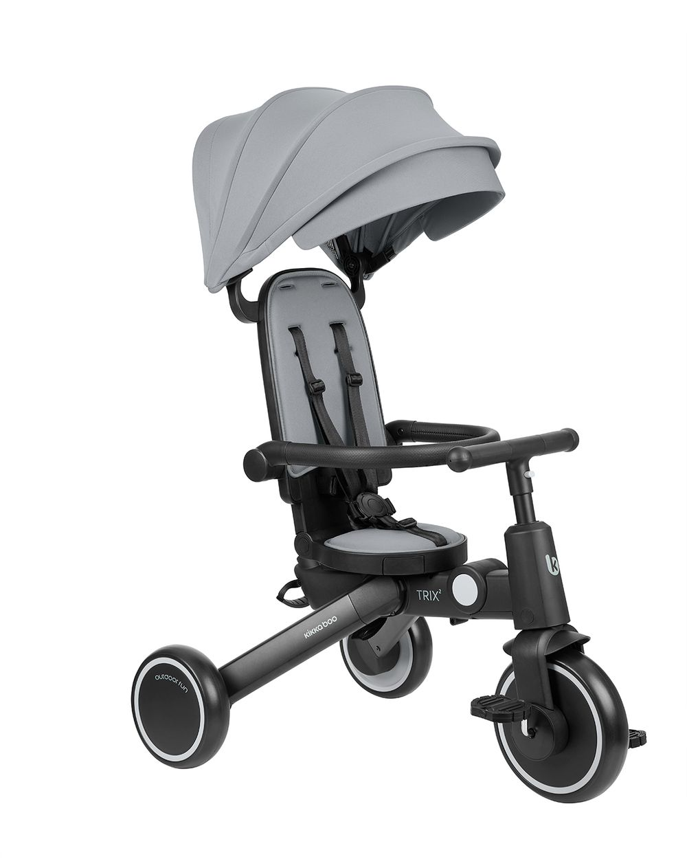 Graues und schwarzes Dreirad mit Verdeck. Das Dreirad hat einen Sitz, Pedale und einen Eltern-Griff.