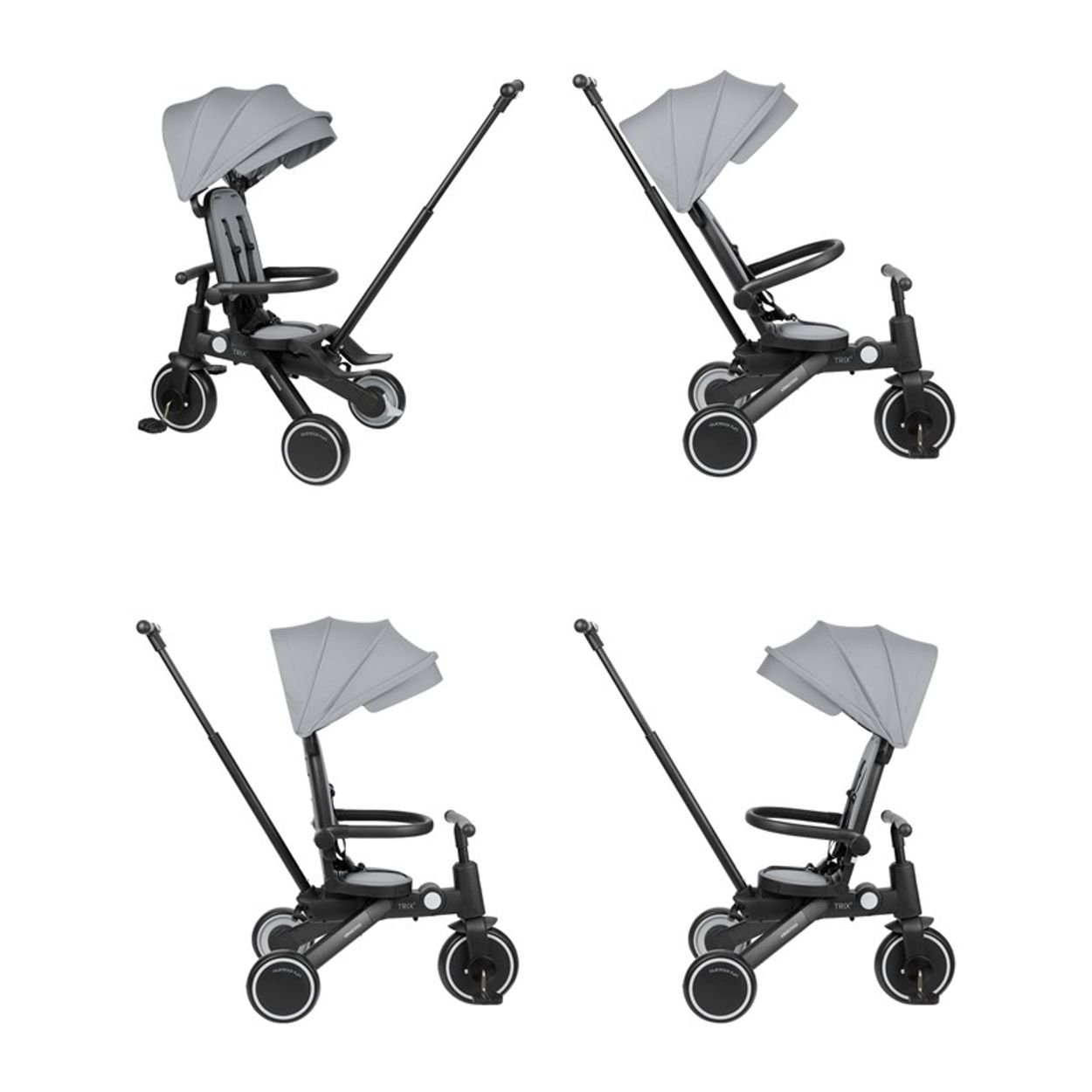 Vier graue Baby-Kinderwagen auf weißem Hintergrund. Jeder hat ein Verdeck, einen Sitz und einen Griff.
