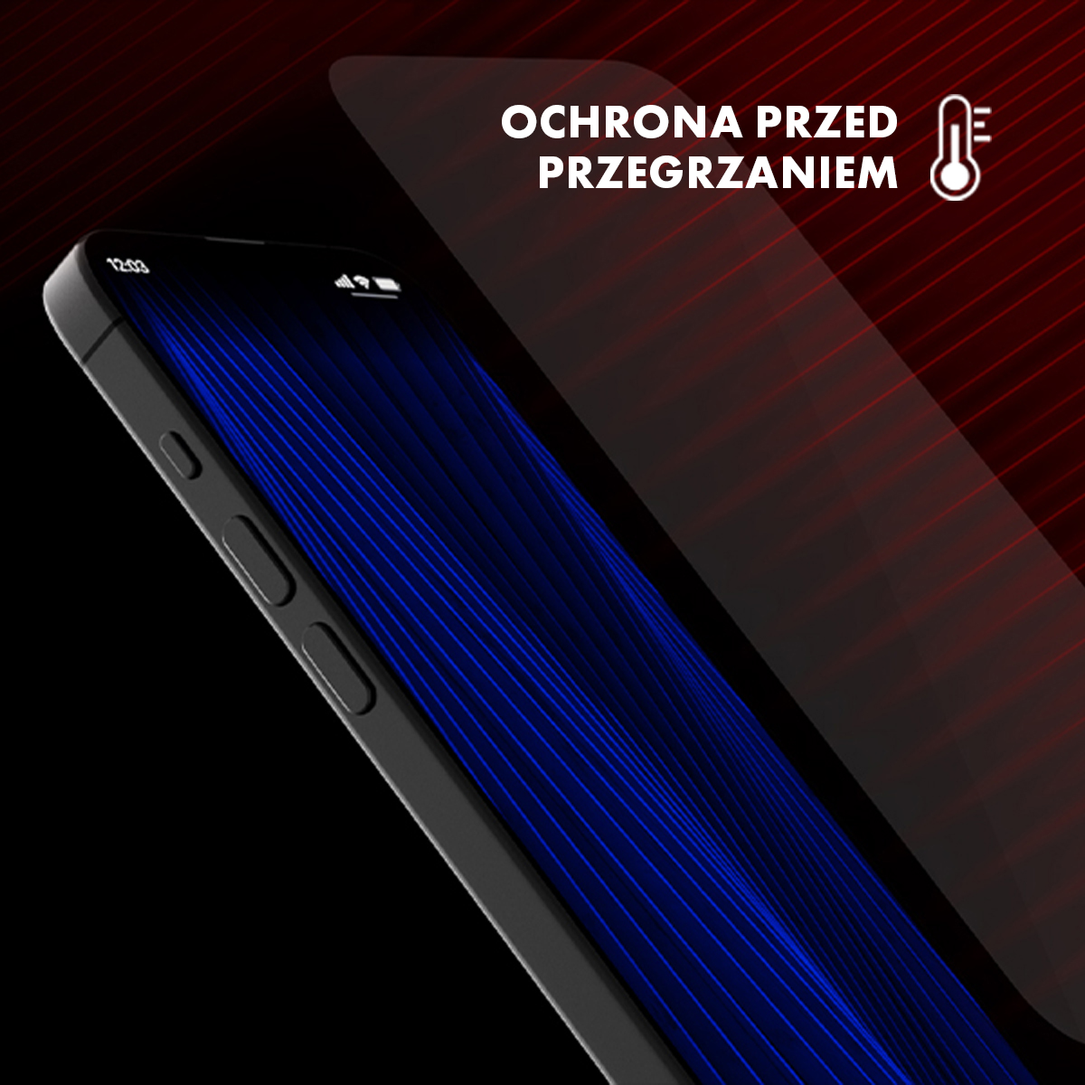 Czarny smartfon z ochraniaczem ekranu. Tekst wskazuje na ochronę przed przegrzaniem.