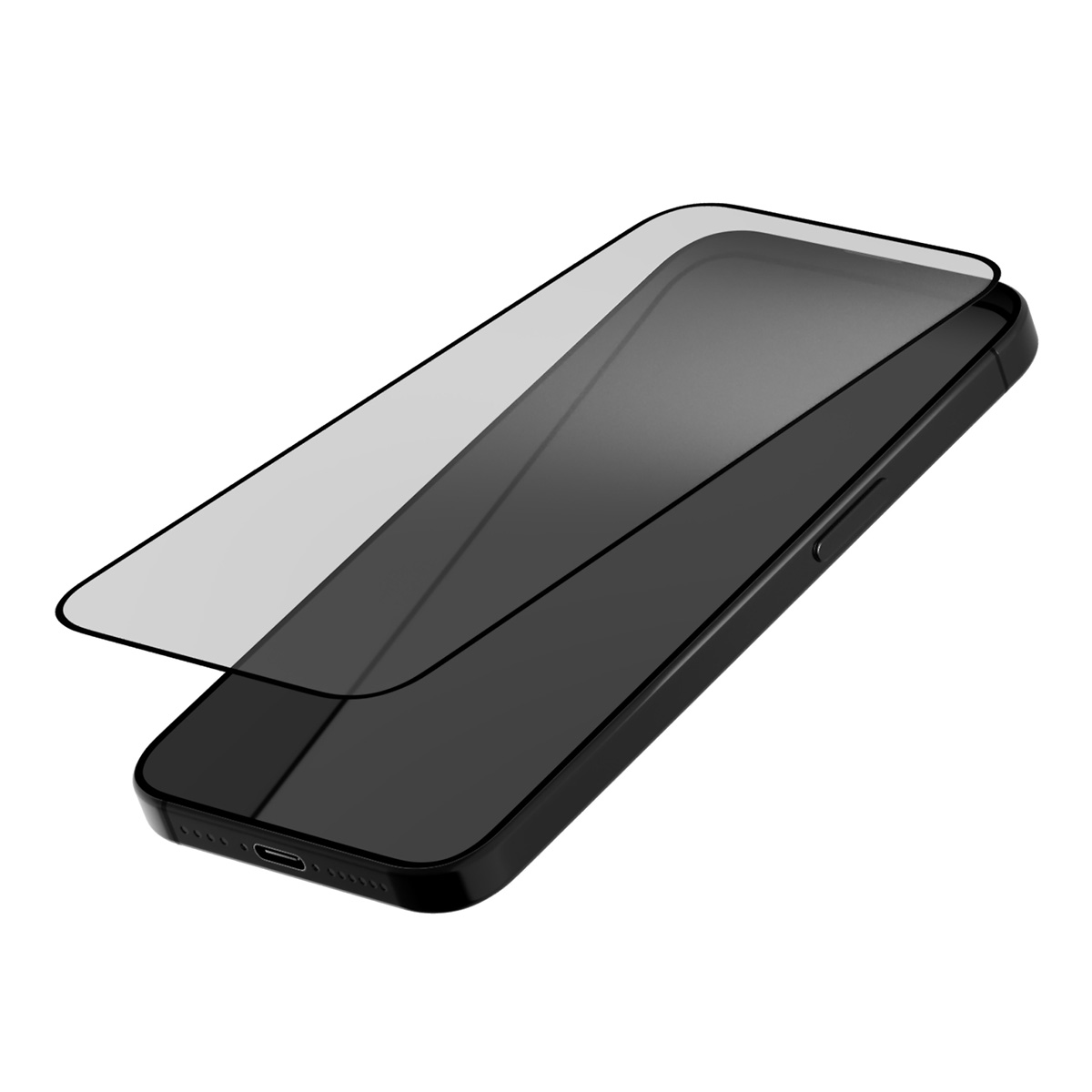 Czarny smartfon z przezroczystym ochraniaczem ekranu. Ochraniacz jest lekko podniesiony.