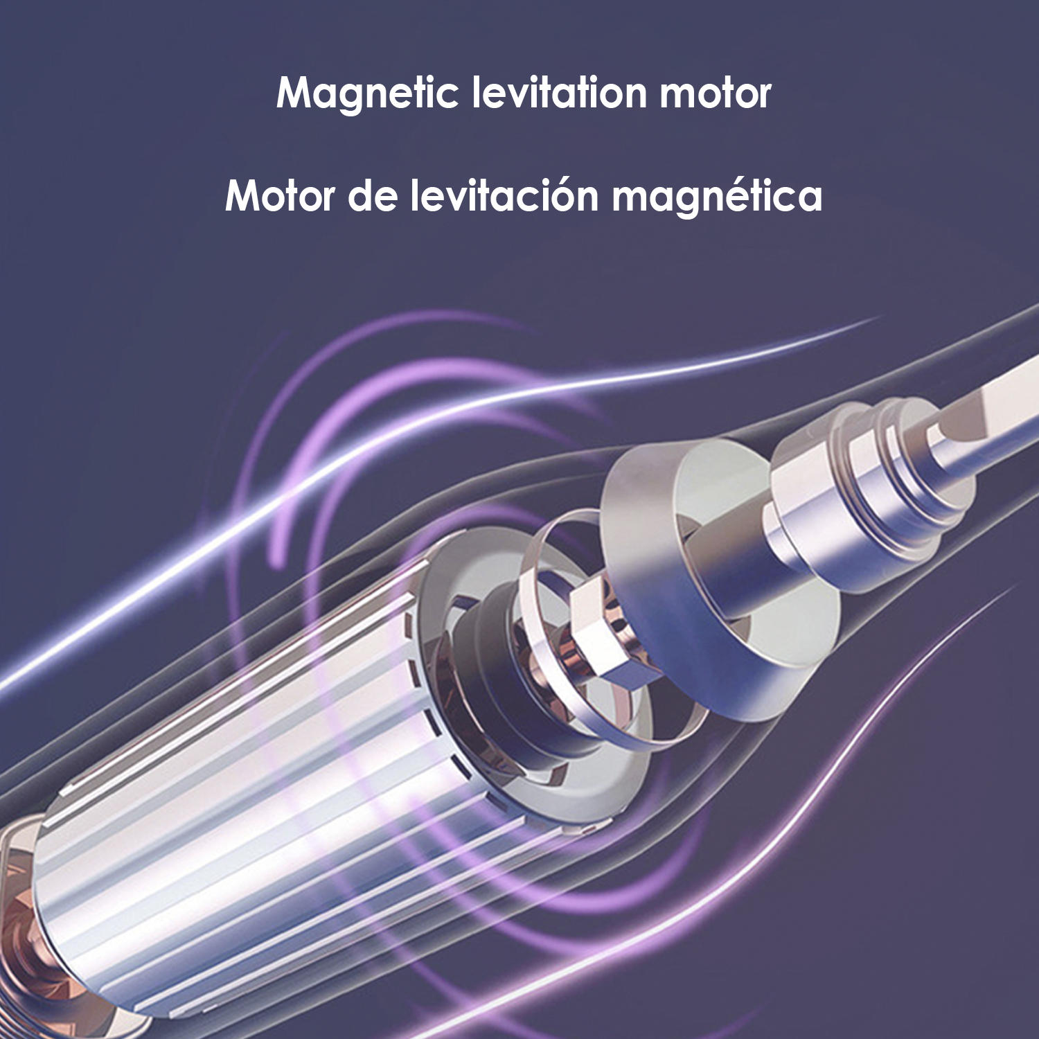 Nahaufnahme eines Elektromotors für Zahnbürsten. Lila Wirbel um die silbernen Komponenten.