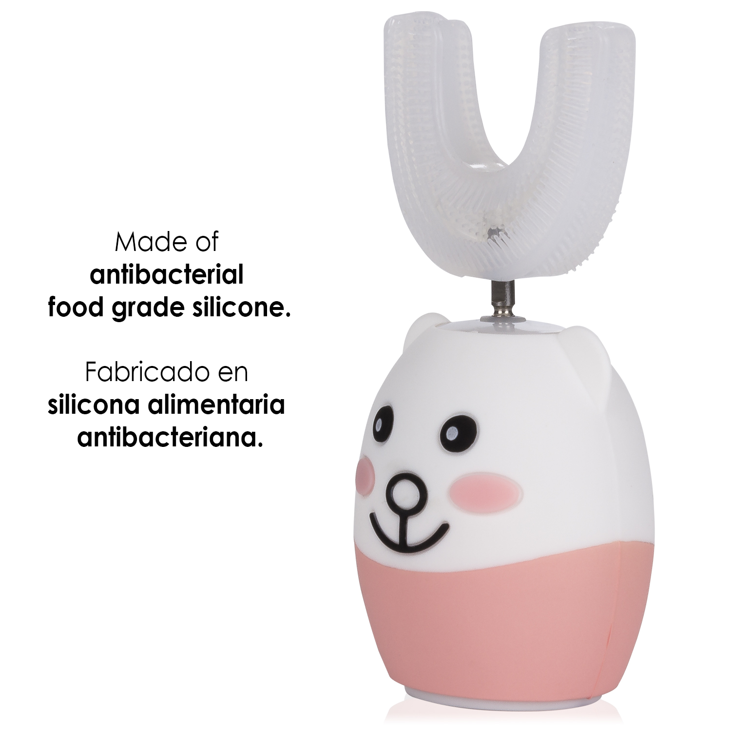 Weiße und rosa Cartoon-Zahnbürste. Text besagt, dass sie aus antibakteriellem Silikon in Lebensmittelqualität besteht.