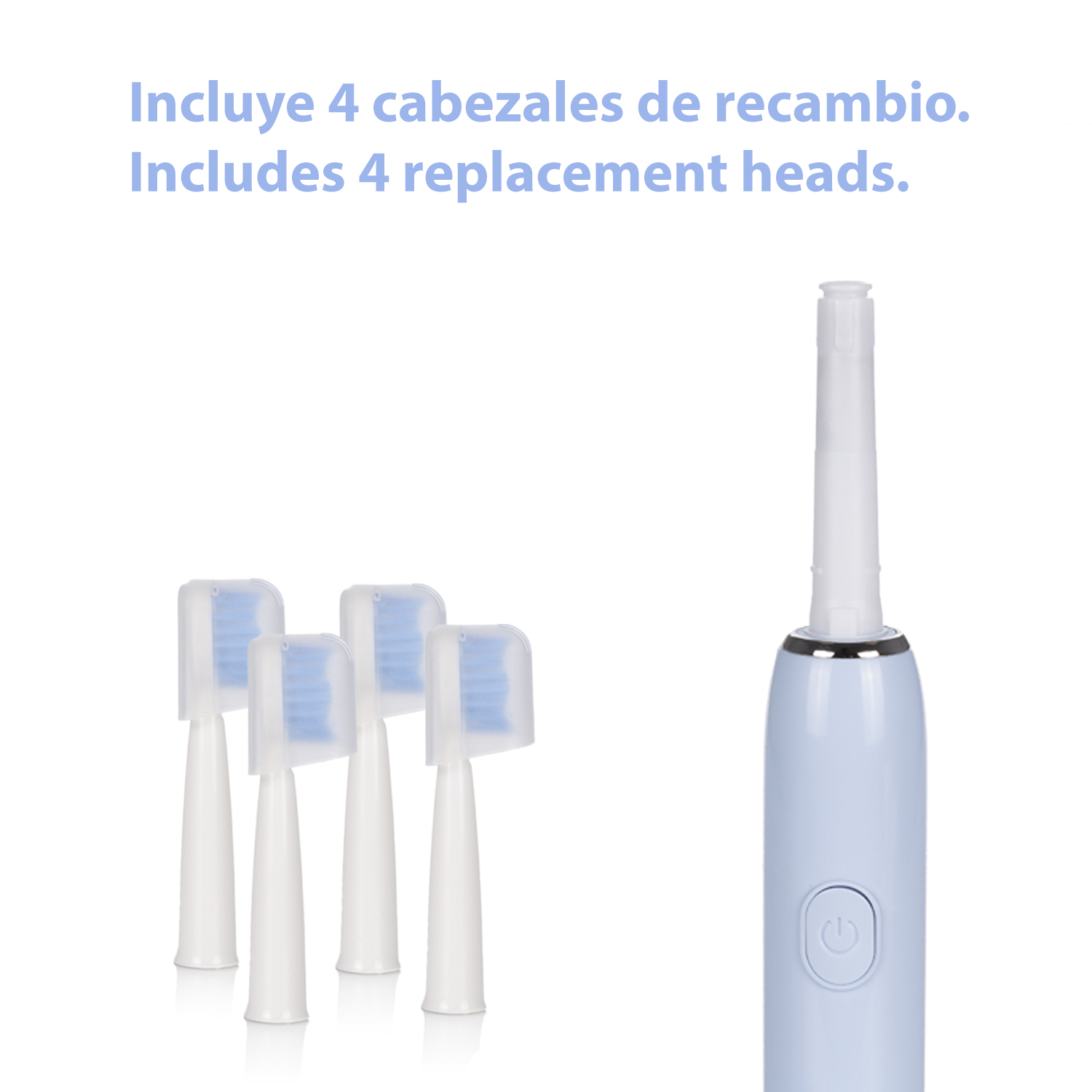 Cepillo de dientes azul con cuatro cabezales de repuesto. Fondo blanco.