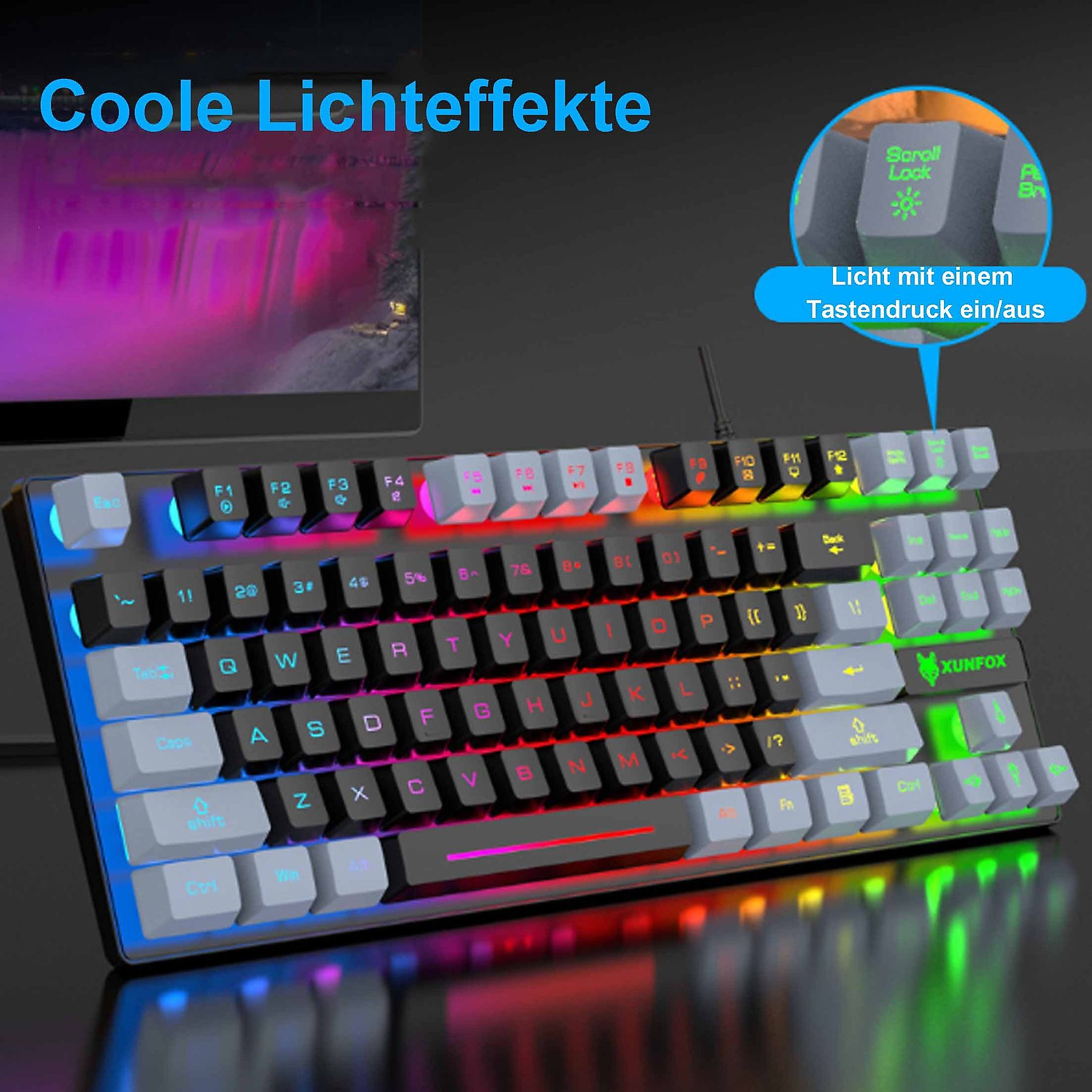 Schwarze Tastatur mit RGB-Beleuchtung, mit einem Bildschirm im Hintergrund. Zeigt die Tastaturbeleuchtung.