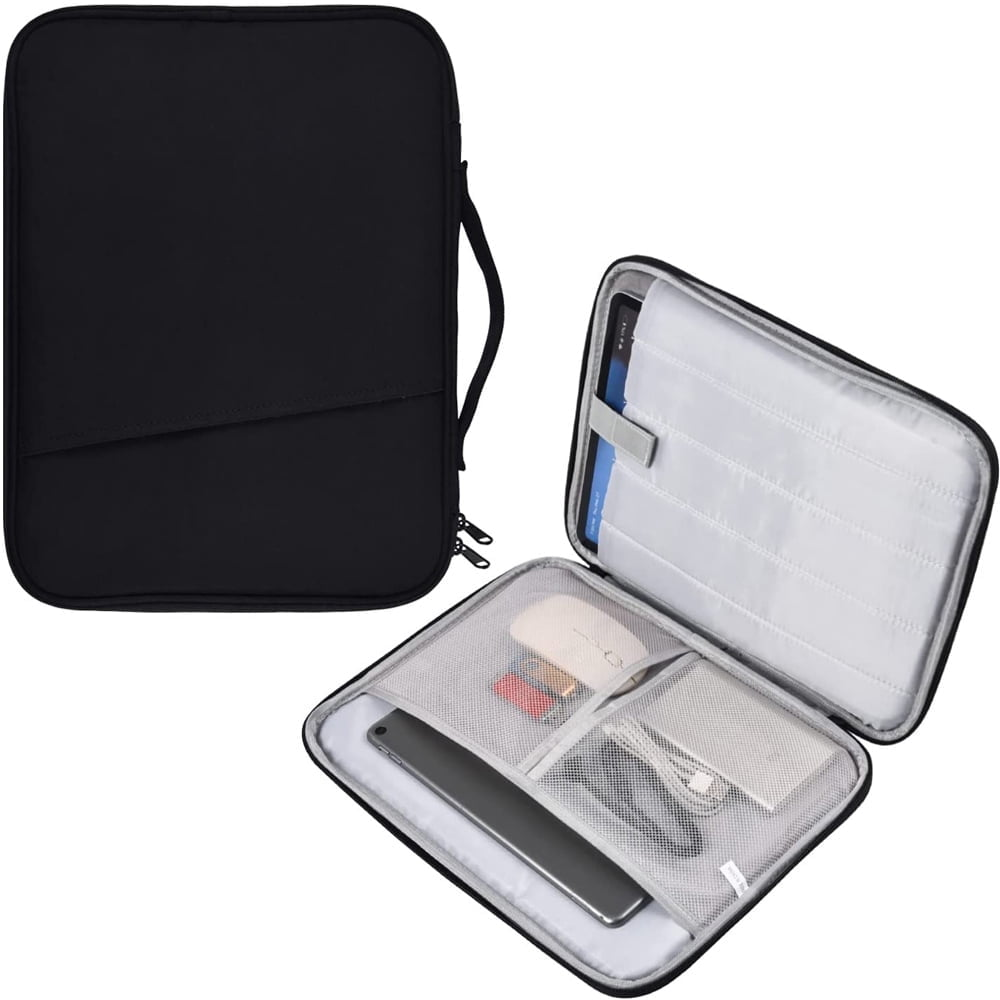 Schwarze Tragetasche. Zeigt die geschlossene und offene Tasche. Enthält Tablet, Maus und Zubehör.