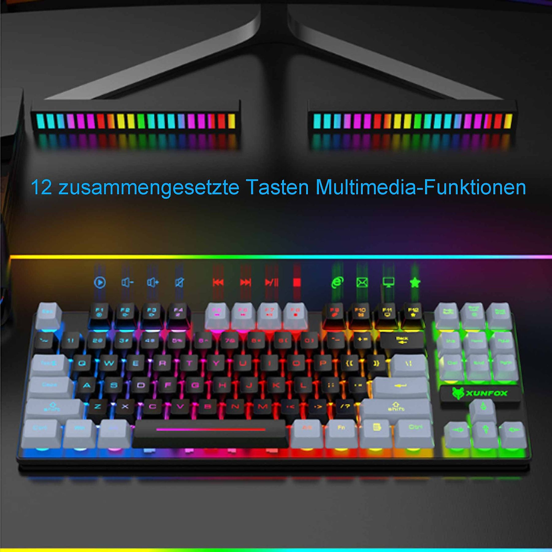 Schwarze und weiße Tastatur mit bunten Lichtern. 12 Multimedia-Tasten. Tasten sind weiß, schwarz und grau.