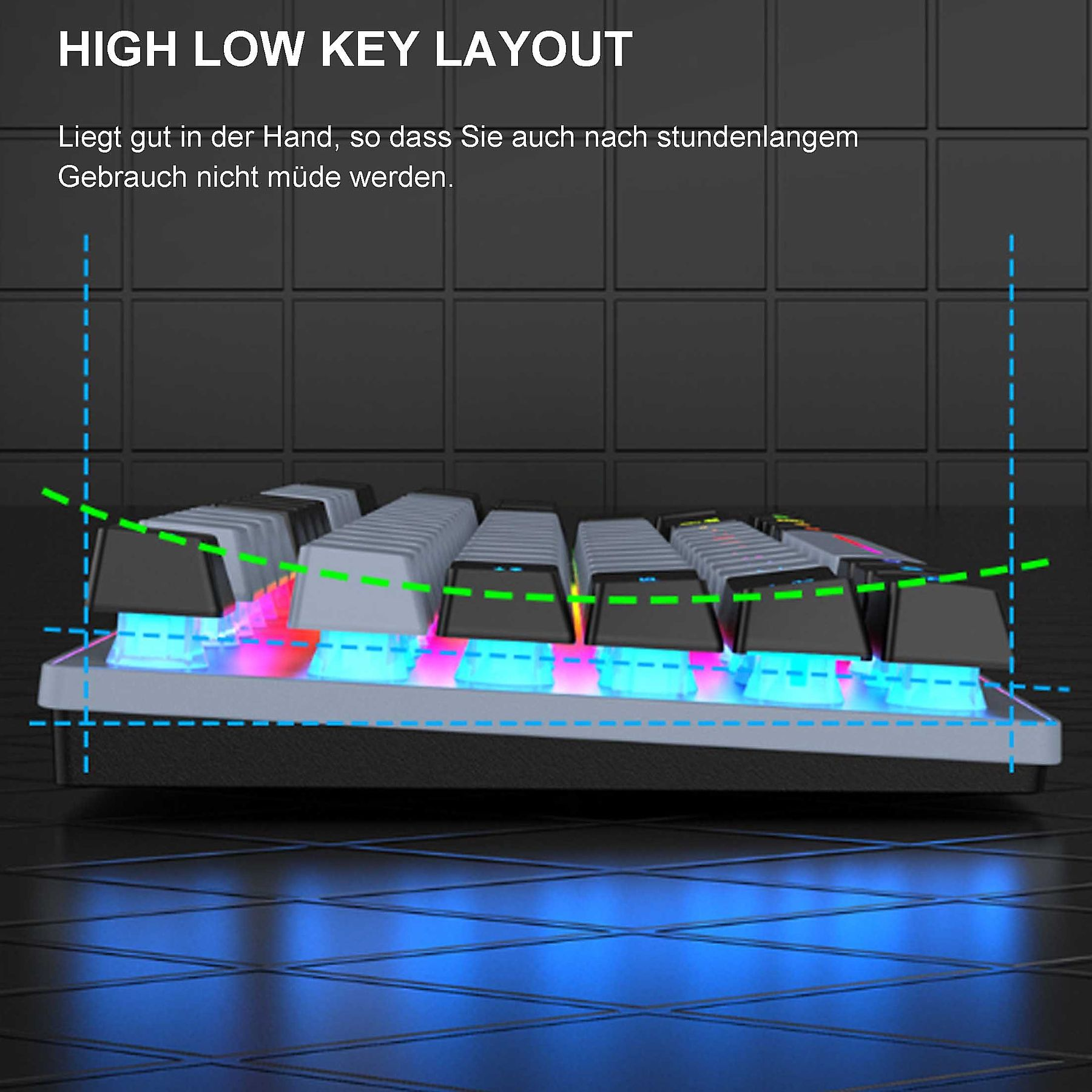 Tastatur mit High-Low-Tastenanordnung. Tasten sind schwarz und grau mit blauen und roten Lichtern.