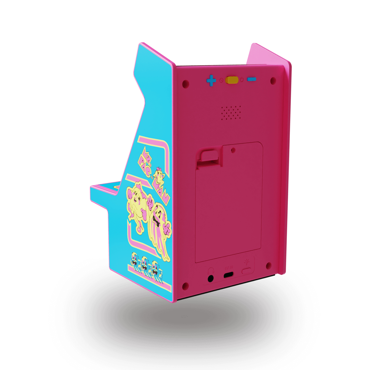 Widok z tyłu kolorowej maszyny do gry Pac-Man z różową ramą i otwartym tylnym panelem.