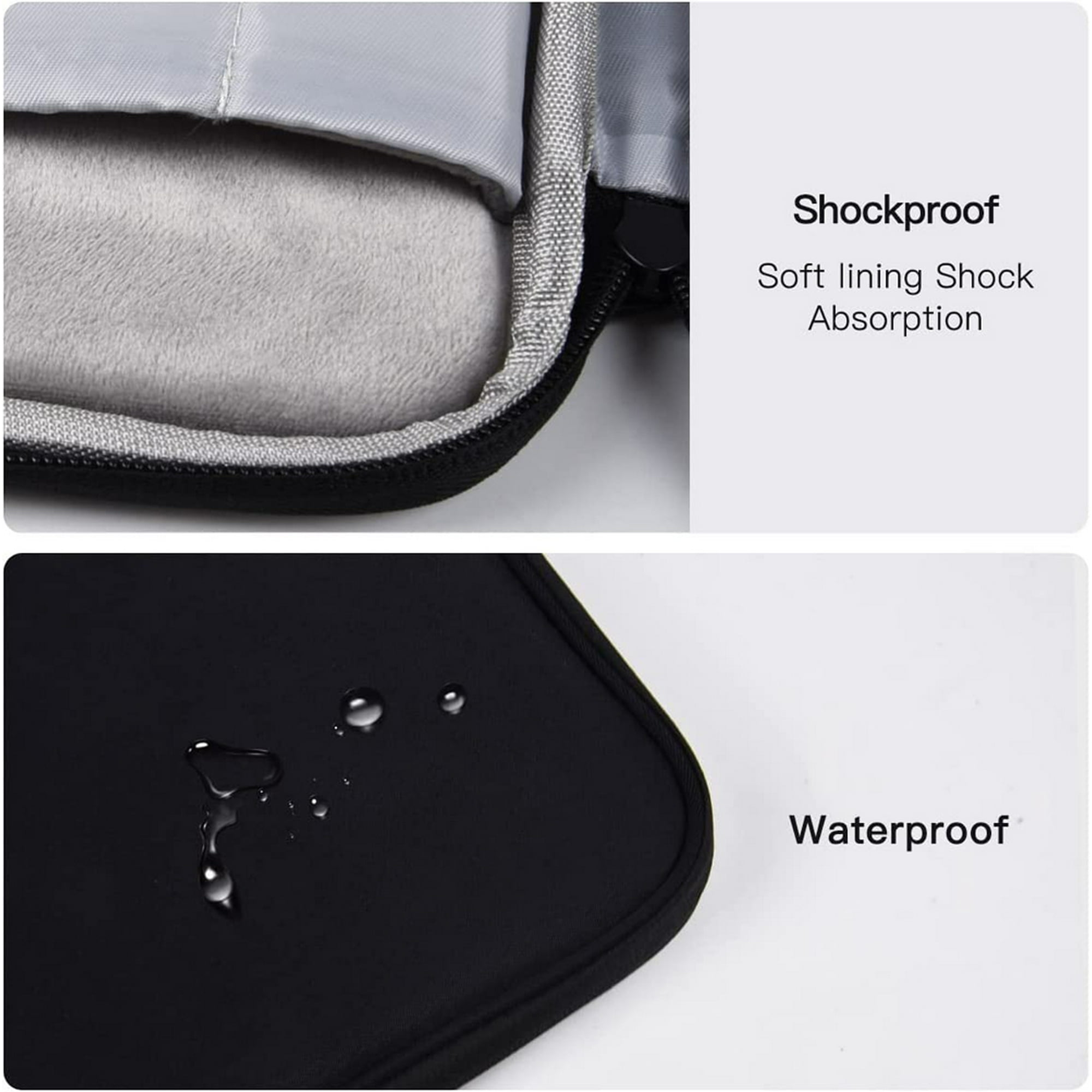 Schwarze Laptop-Hülle mit weichem Innenfutter und wasserdichtem Außenmaterial. Nahaufnahme des Stoffes.