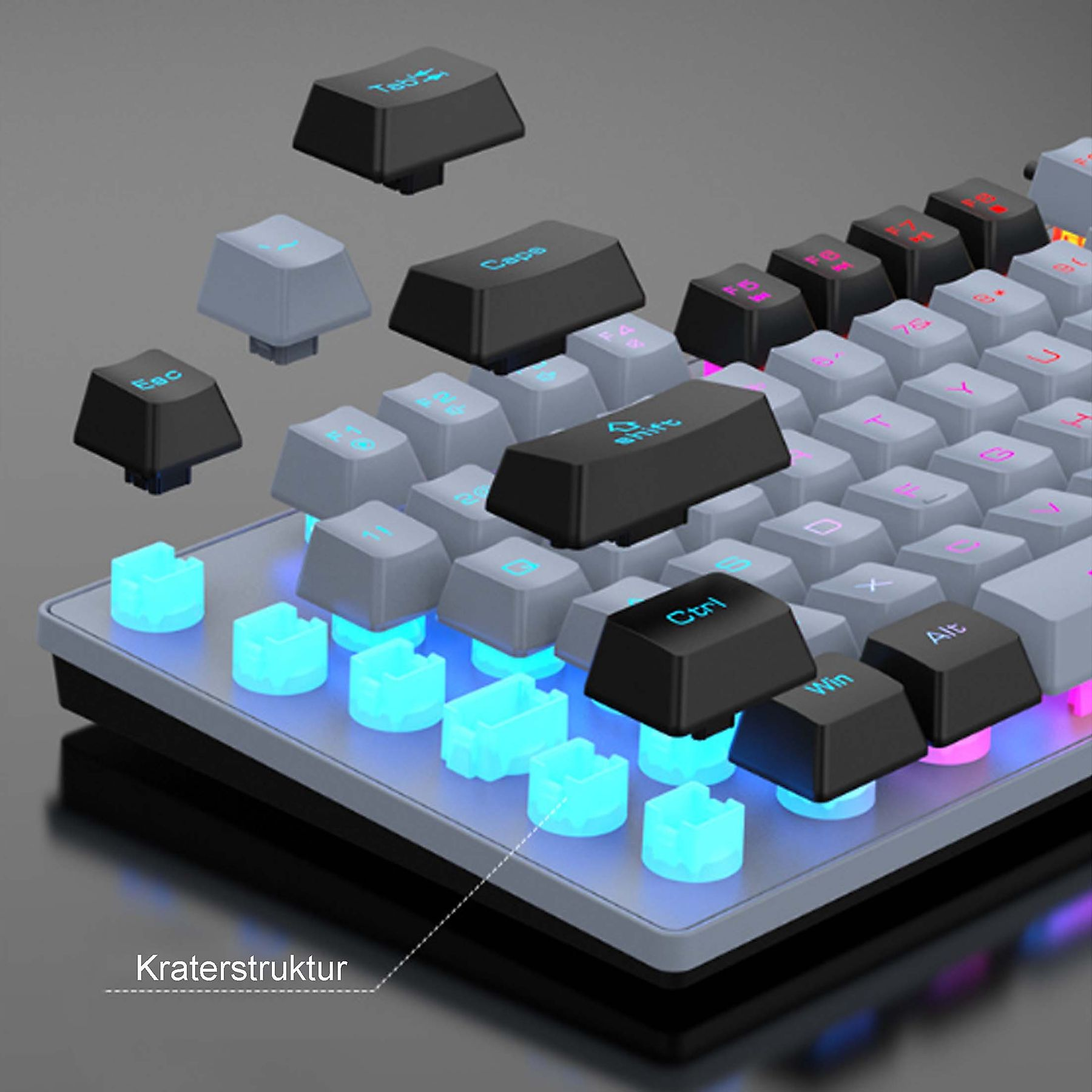 Tastatur mit entfernten Tastenkappen, die Schalter zeigen. Buchstaben sind auf grauen und schwarzen Tasten.