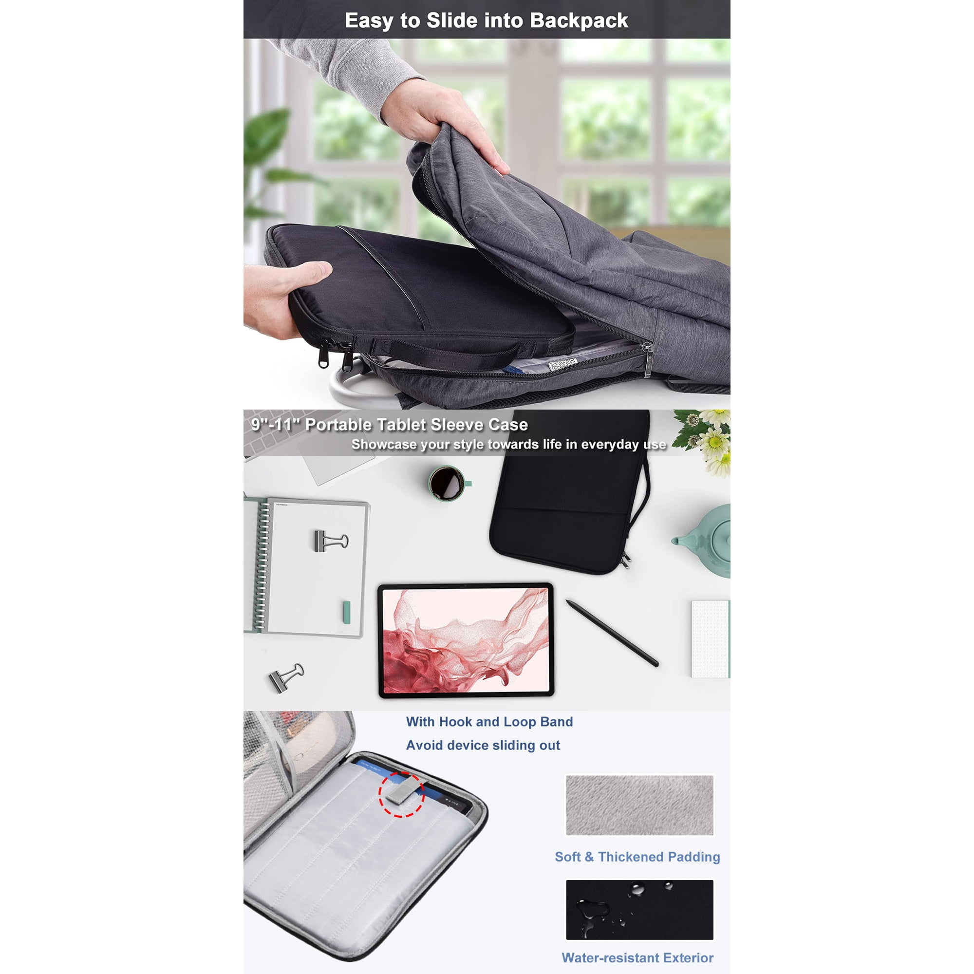Person legt Tablet in Rucksack. Tablet, Stift und Notizblock liegen auf weißer Oberfläche.