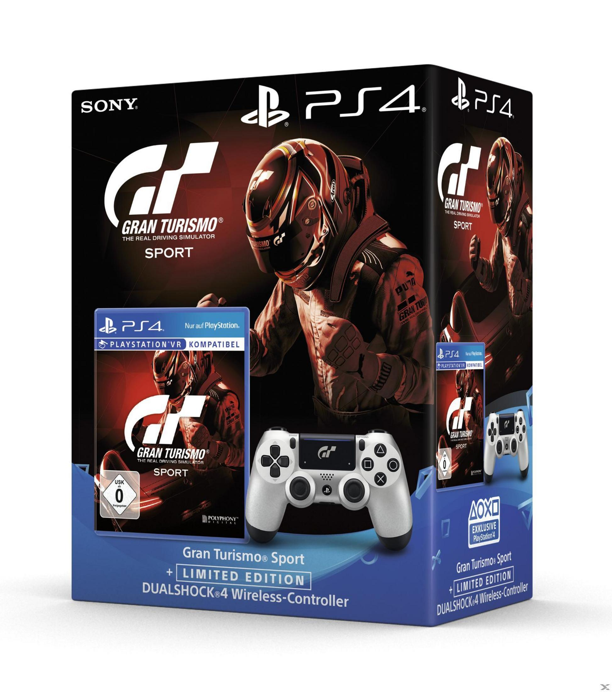 PS4-Spielbox-Set. Zeigt Spielhülle, Controller und Box. Die Box ist blau.