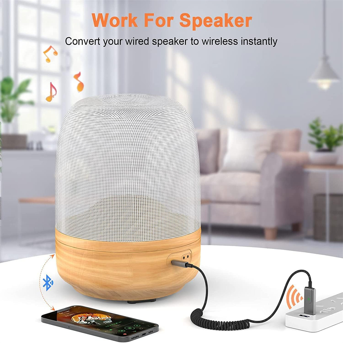 Ein Lautsprecher mit Holzsockel, der über Bluetooth mit einem Telefon verbunden ist. Eine Steckdose ist sichtbar.