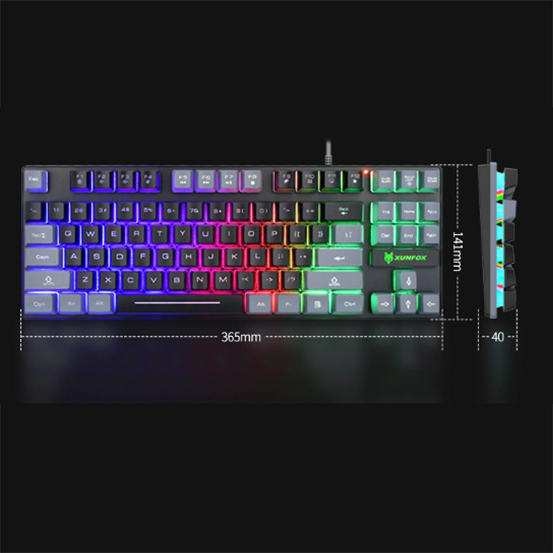 Eine schwarze Tastatur mit bunten, hintergrundbeleuchteten Tasten, Abmessungen: 365mm x 141mm x 40mm.