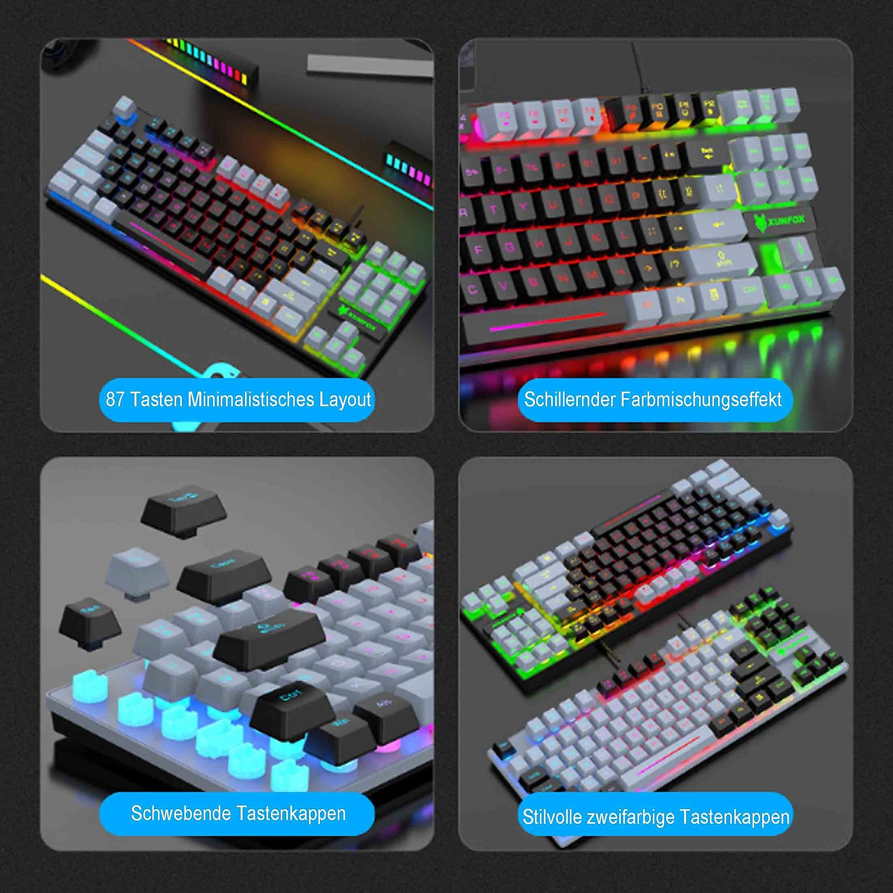 Bilder, die verschiedene Tastaturdesigns zeigen: minimalistisches Layout, farbenfrohe Effekte, schwebende Tasten.