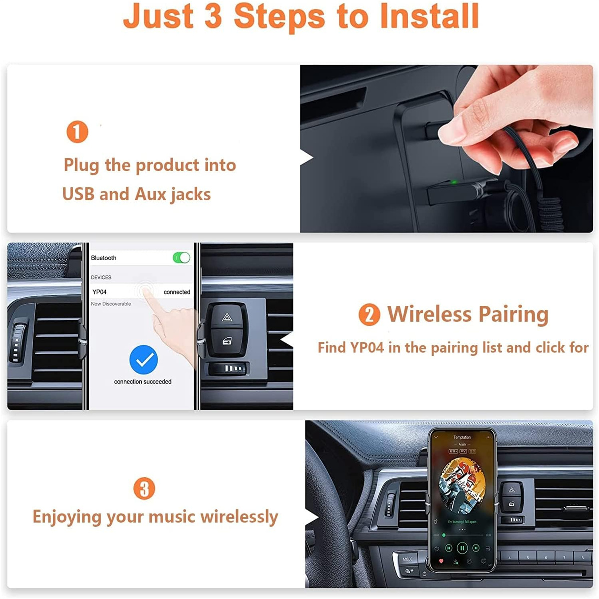 Dreistufige Installationsanleitung: In USB/Aux einstecken, Drahtlose Kopplung und kabellose Musik genießen.