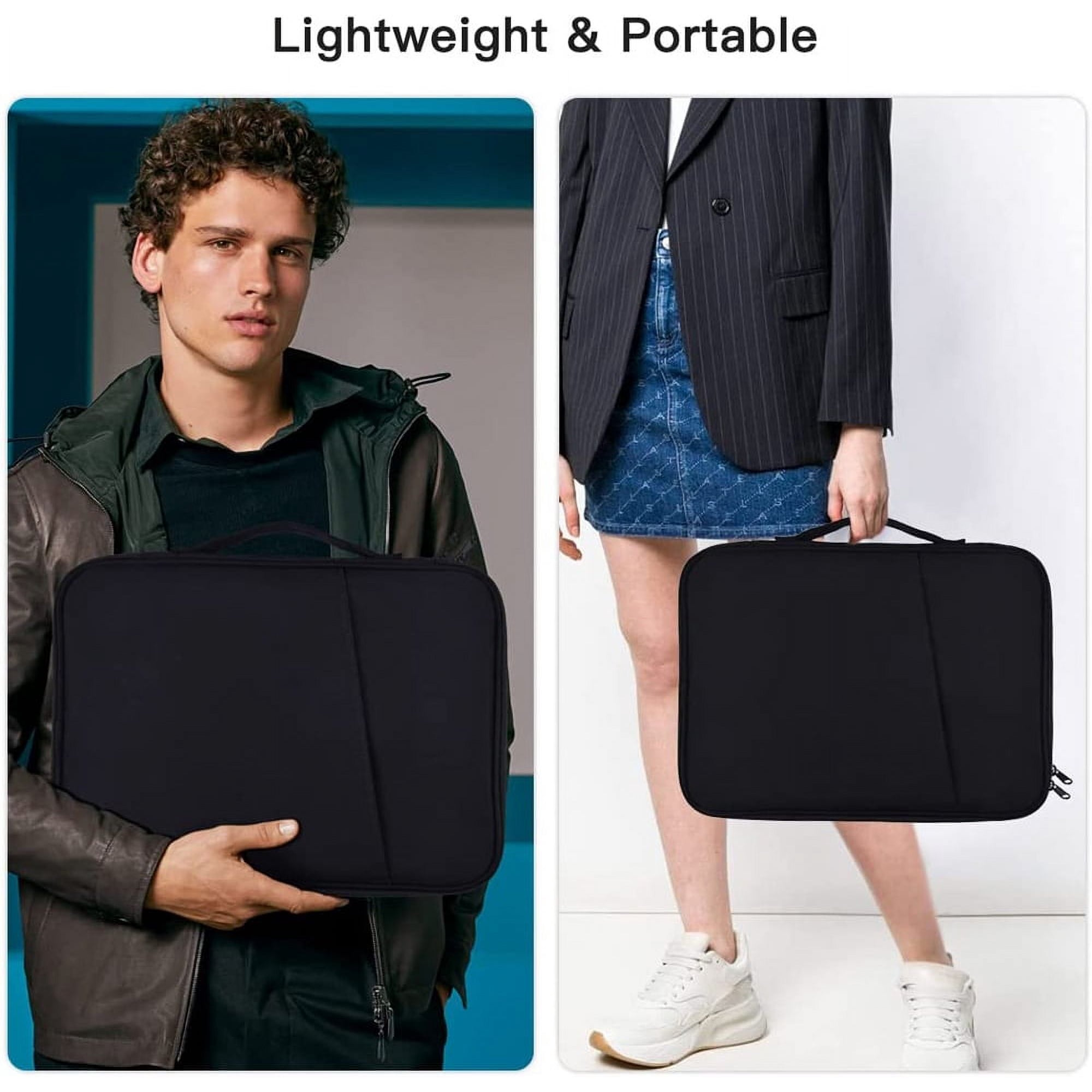 Zwei Personen halten schwarze Tragetaschen; leichtes und tragbares Design.