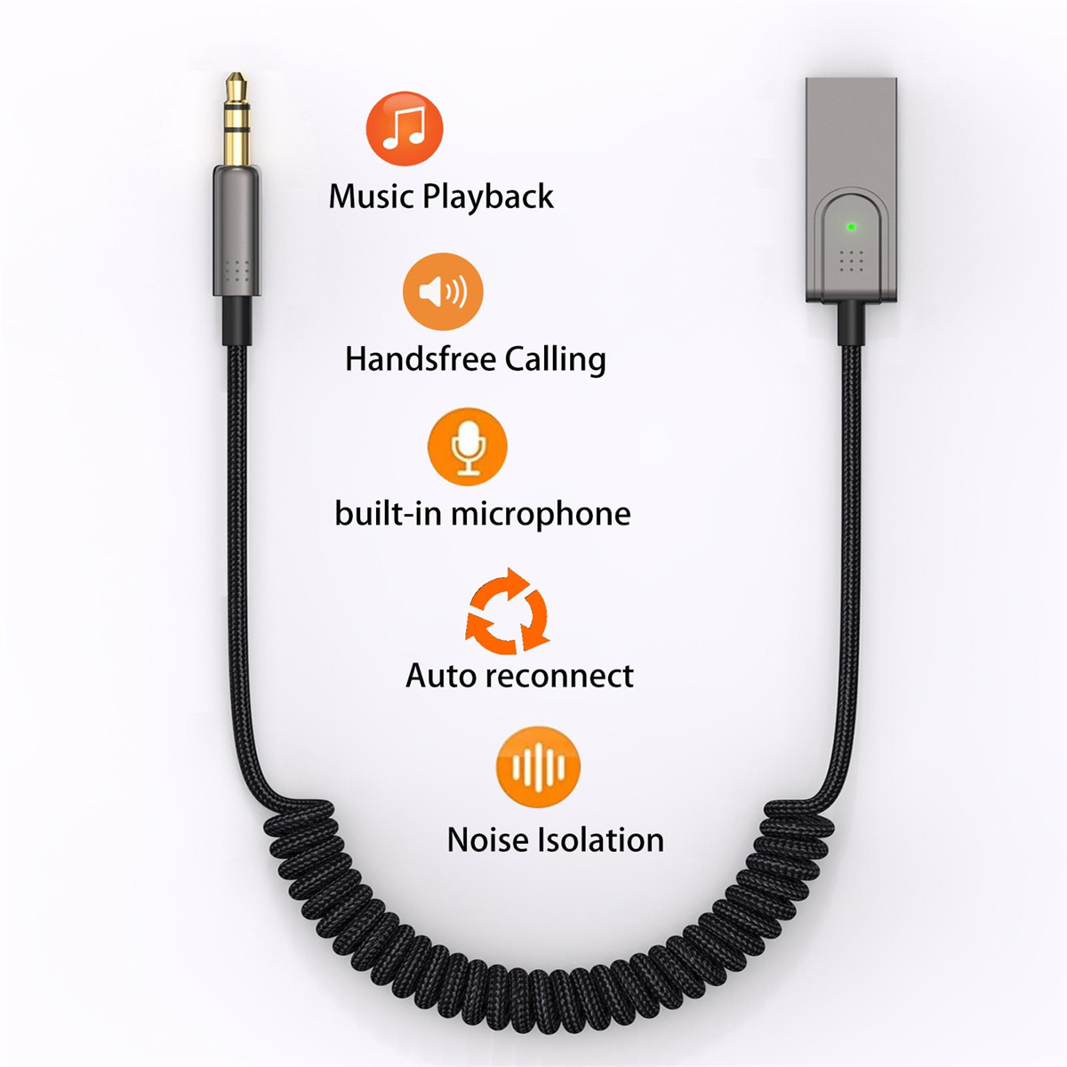 Gerät mit Musikwiedergabe, Freisprechfunktion, eingebautem Mikrofon, automatischem Wiederverbinden und Geräuschisolation.
