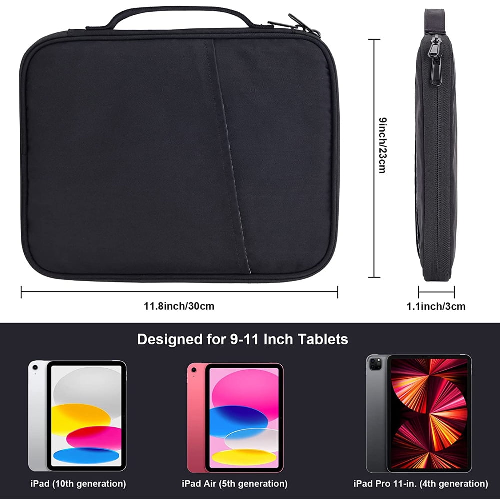 Schwarze Tragetasche mit Abmessungen, entworfen für 9-11 Zoll Tablets, mit Tablet-Beispielen.