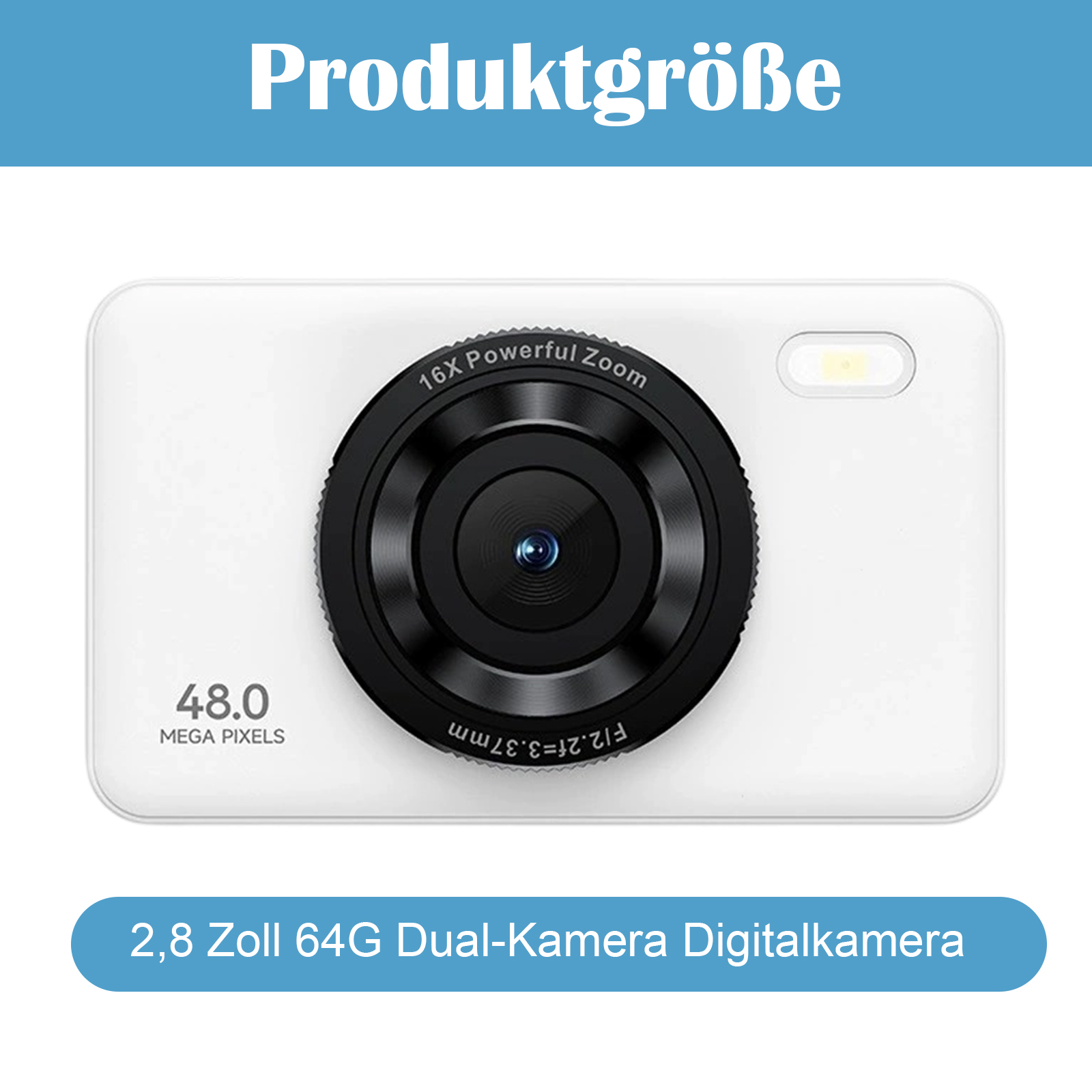 Weiße Digitalkamera mit 16X Zoom und 48,0 Megapixeln und einem 2,8 Zoll Bildschirm.