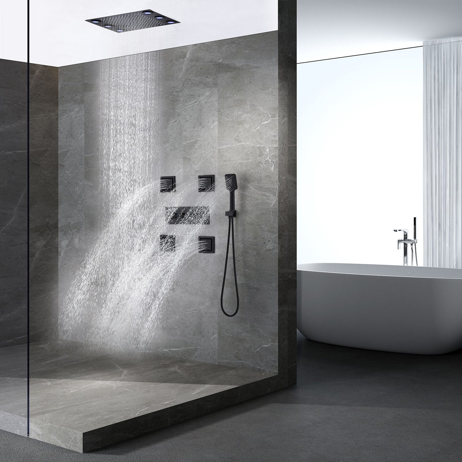 Modernes Badezimmer mit grauen Wänden, Dusche mit Regenduschkopf und weißer Badewanne.