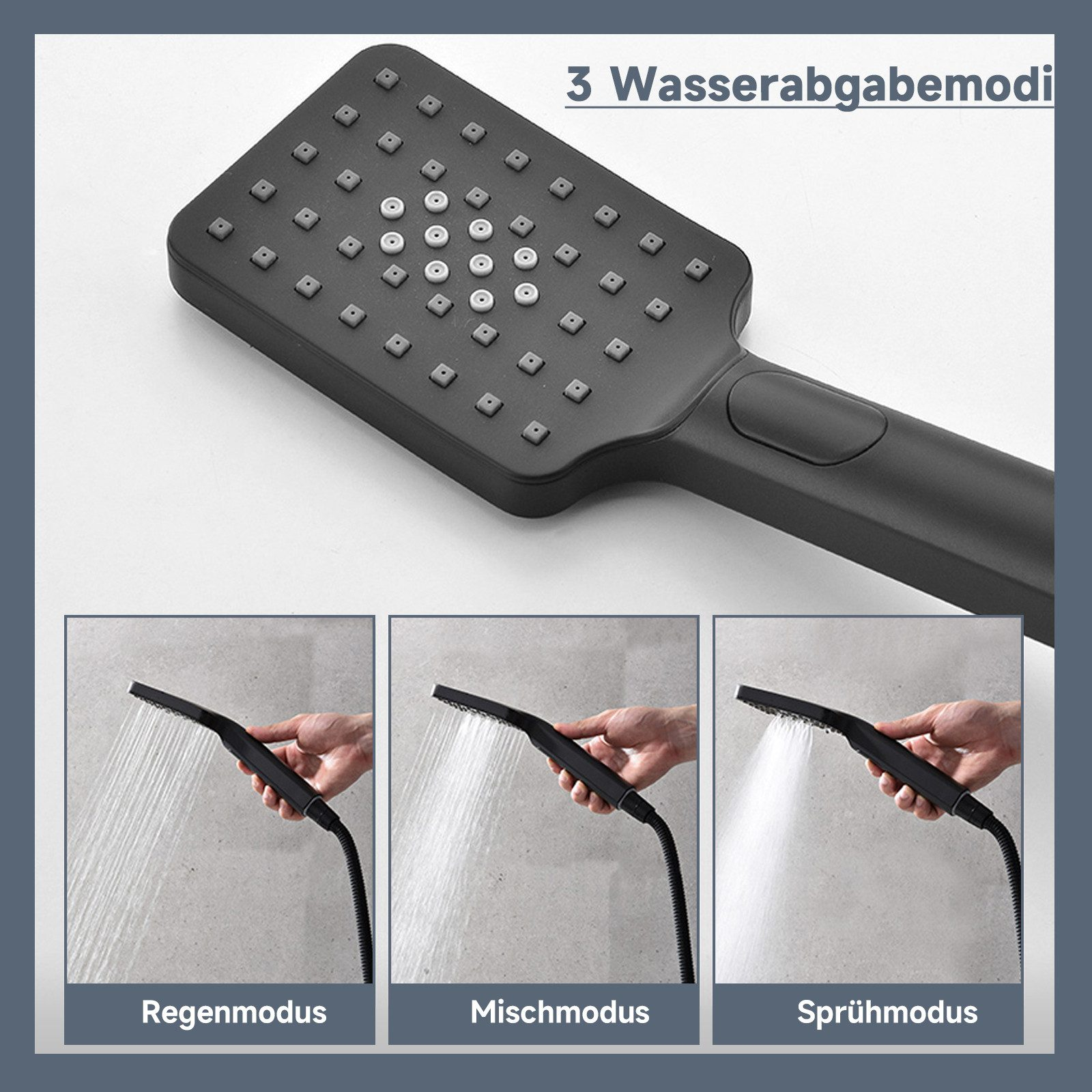 Duschkopf mit drei Wasserausgabemodi: Regen, Mix und Spray, mit Händen demonstriert.