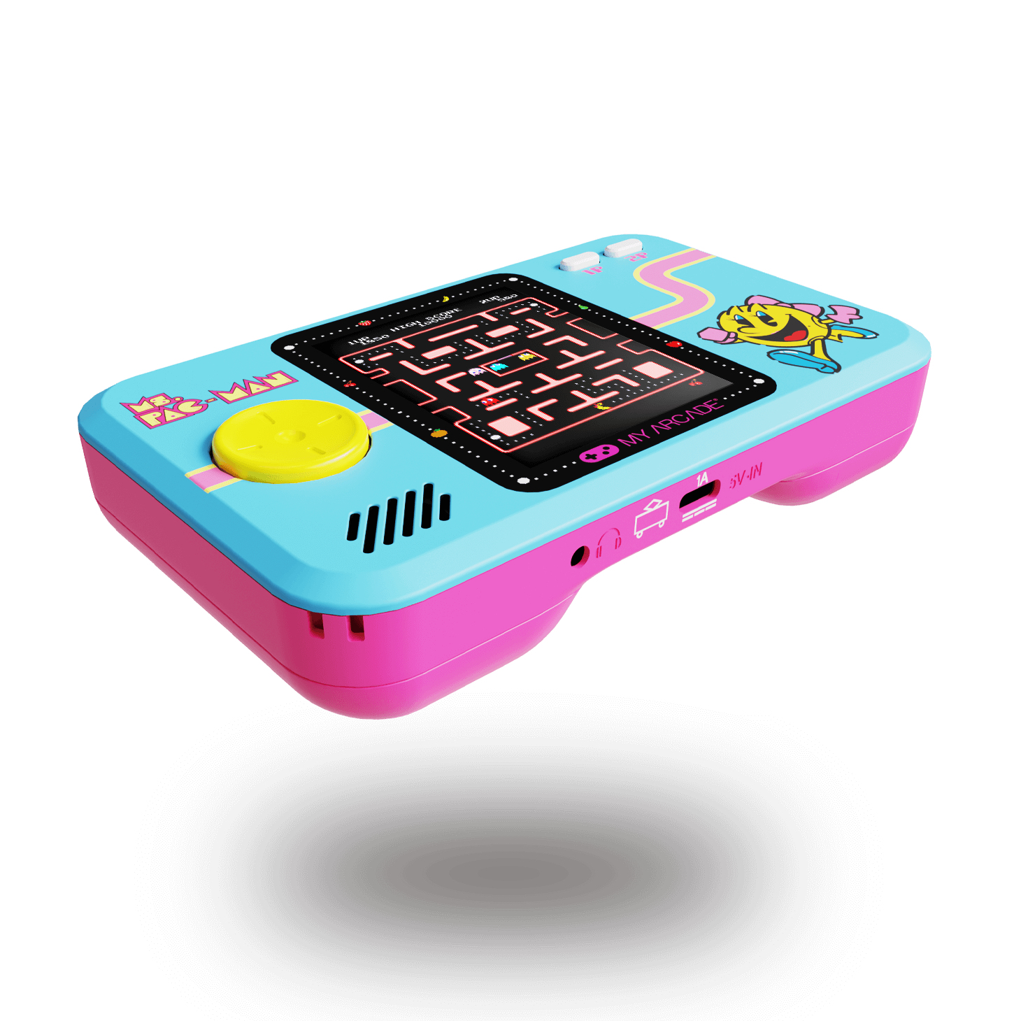 Przenośna gra zręcznościowa Pac-Man w stylu retro, w kolorze niebiesko-różowym, z żółtym joystickiem.