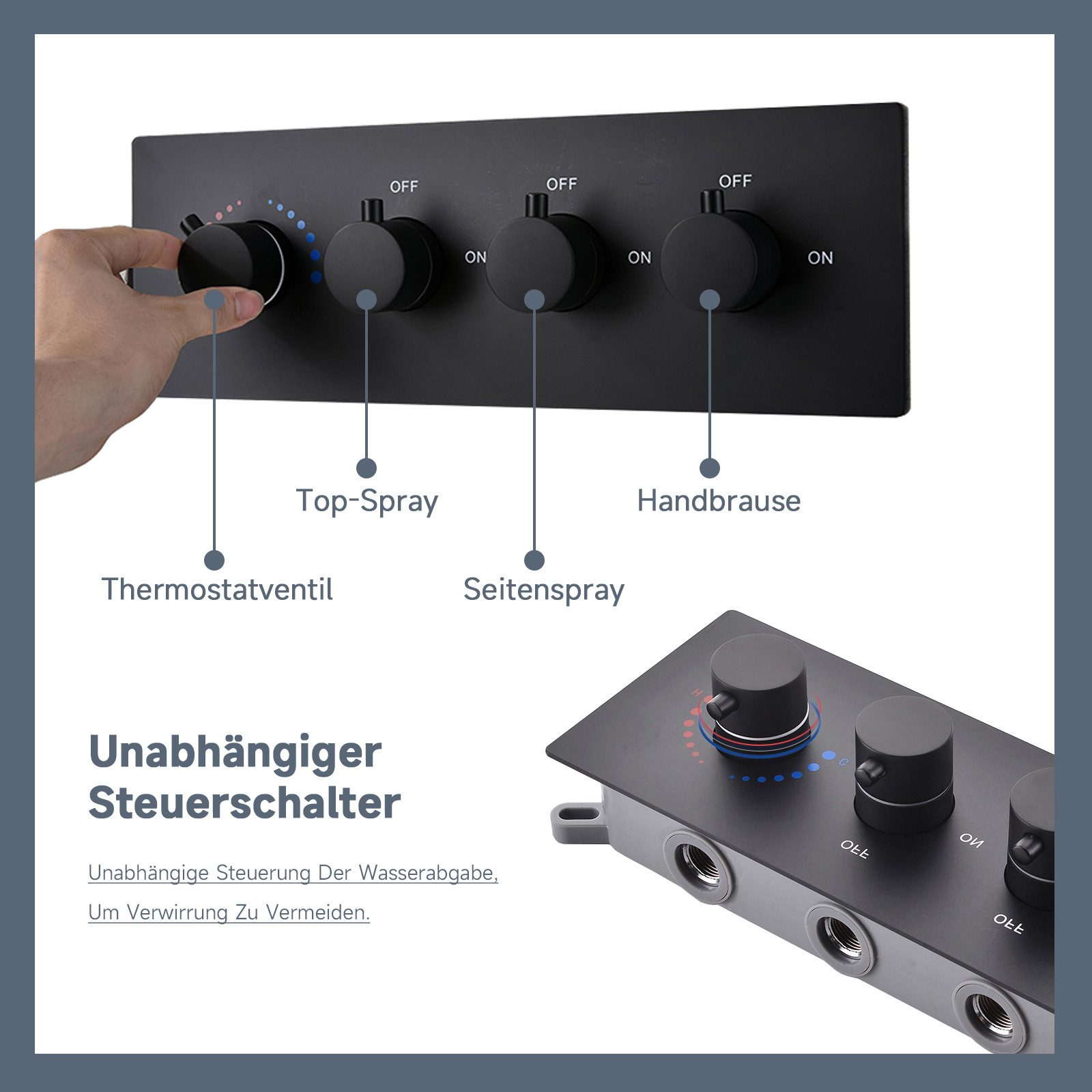 Schwarzes Duschbedienfeld mit drei Knöpfen, beschriftet mit Aus und Ein. Eine Hand dreht einen Knopf.