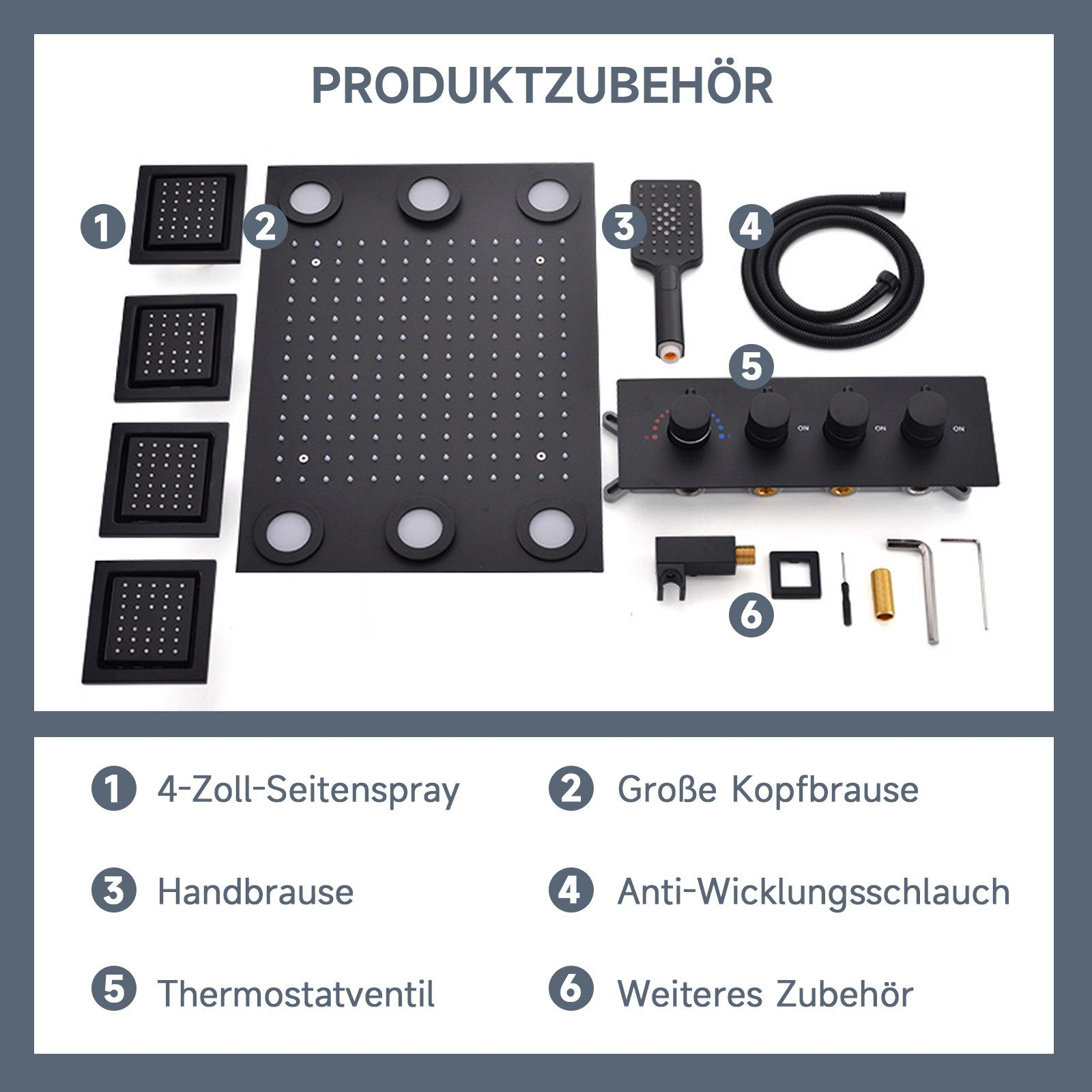 Produktzubehör-Set: Duschköpfe, Schlauch, Thermostat und zusätzliche Komponenten.