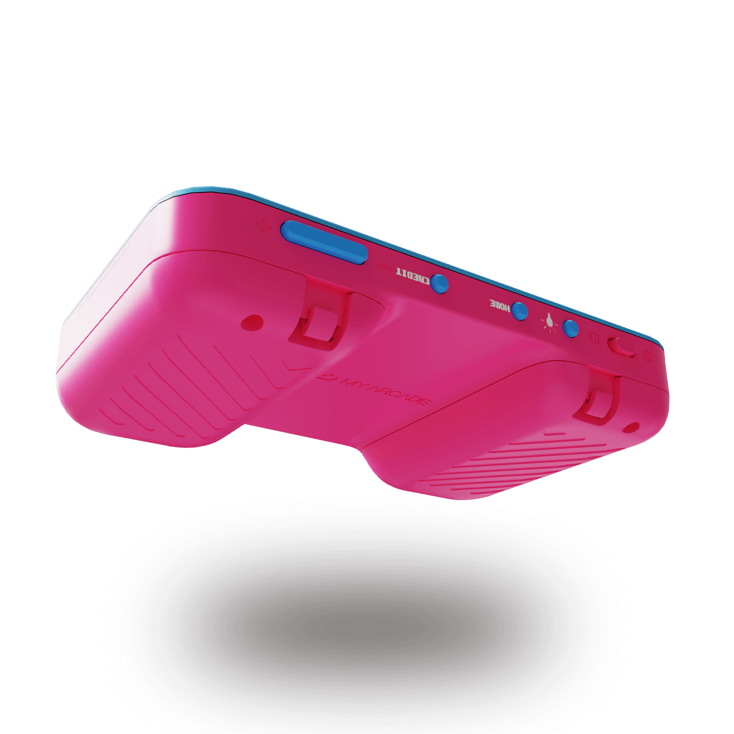 Różowa gra zręcznościowa Pac-Man, widok od spodu z przyciskami i portami, na białym tle.